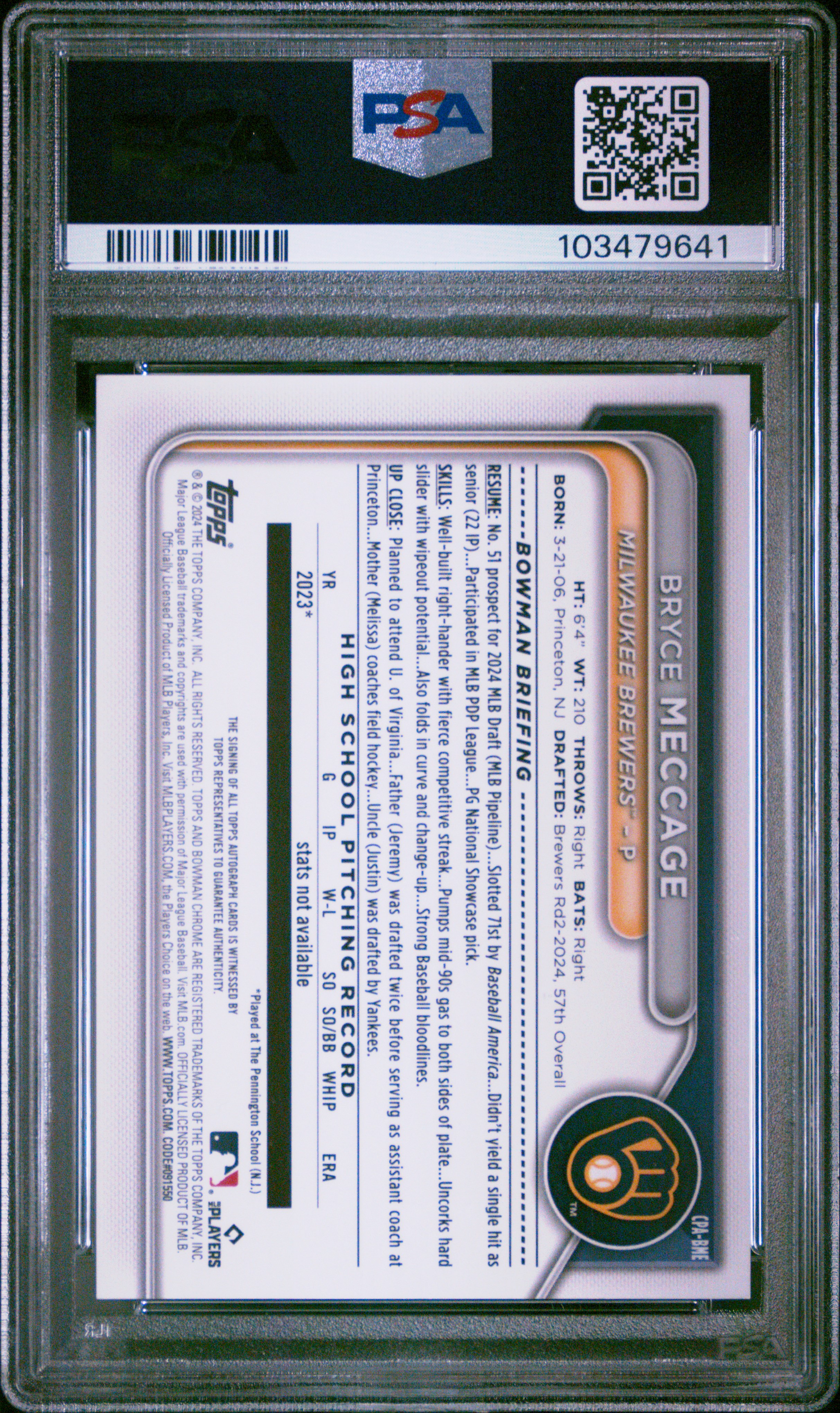 2024 Bowman Draft Chrome Prospect Autographs Bryce Meccage #Cpabme (Chr Prospect Auto-Green Ref) Mint 9 back