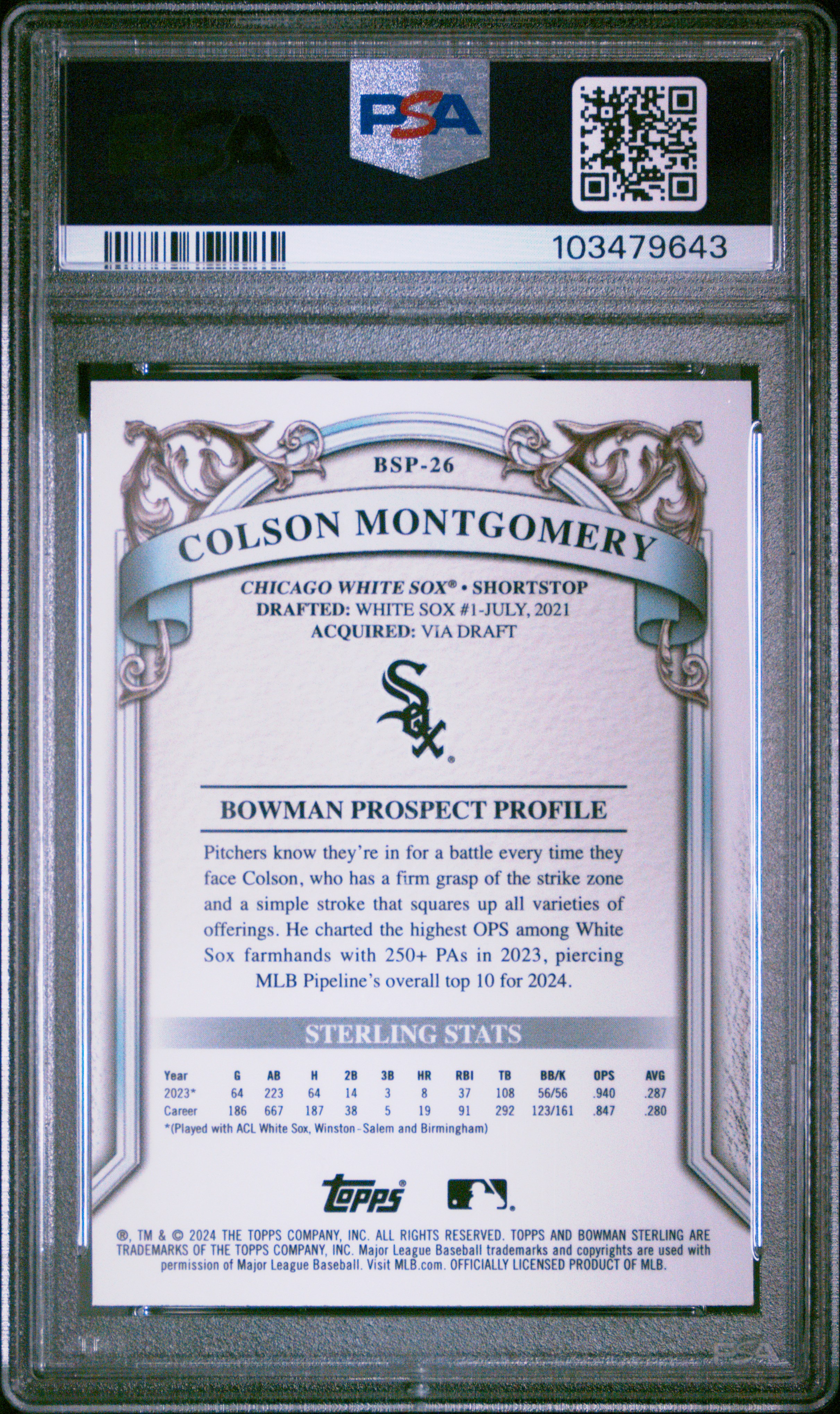 2024 Bowman Sterling Prospects Colson Montgomery #Bsp26 (Prospect-Magenta Refractor) Gem Mt 10 back