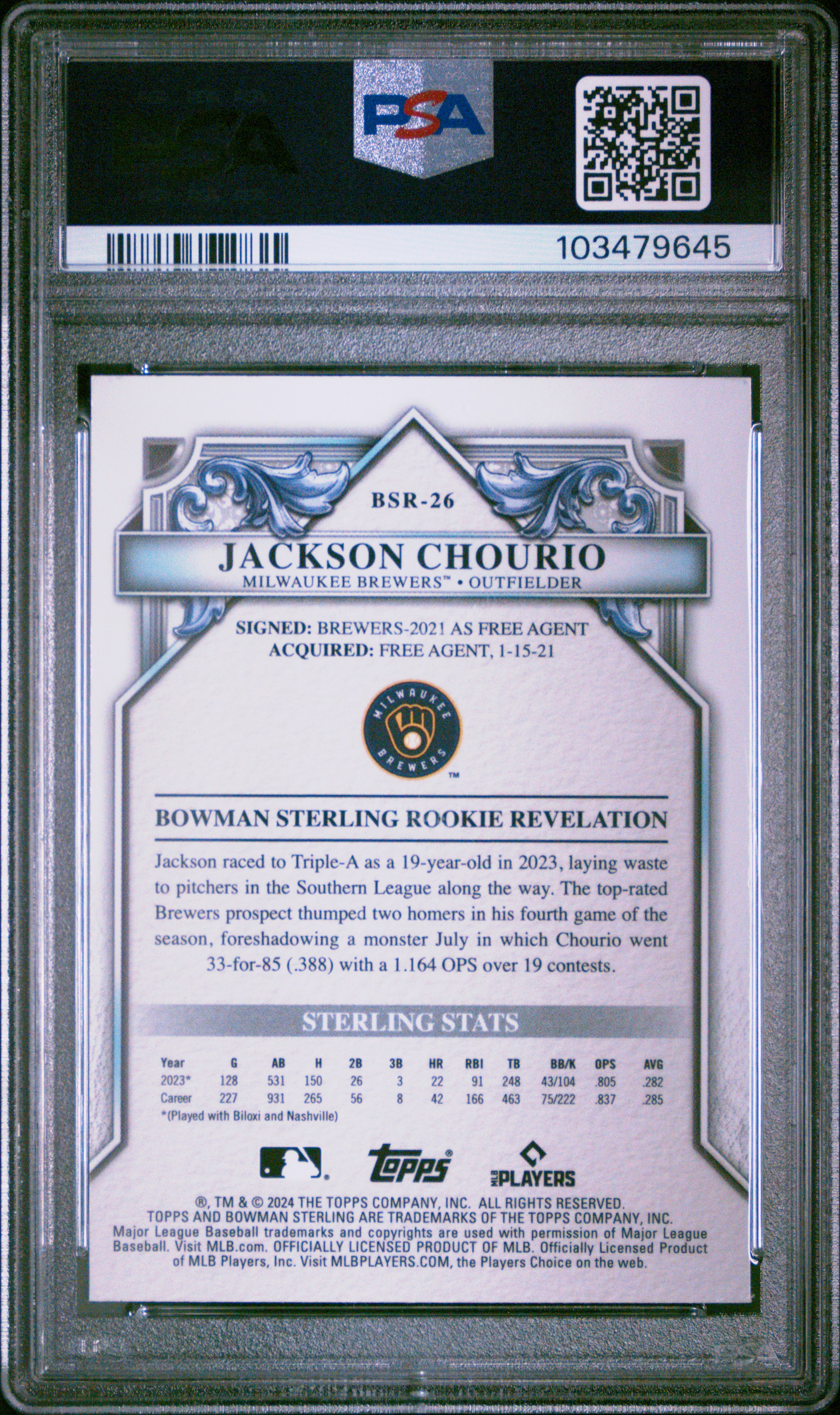 2024 Bowman Sterling Rookies Jackson Chourio #Bsr26 (Rookies) Mint 9 back