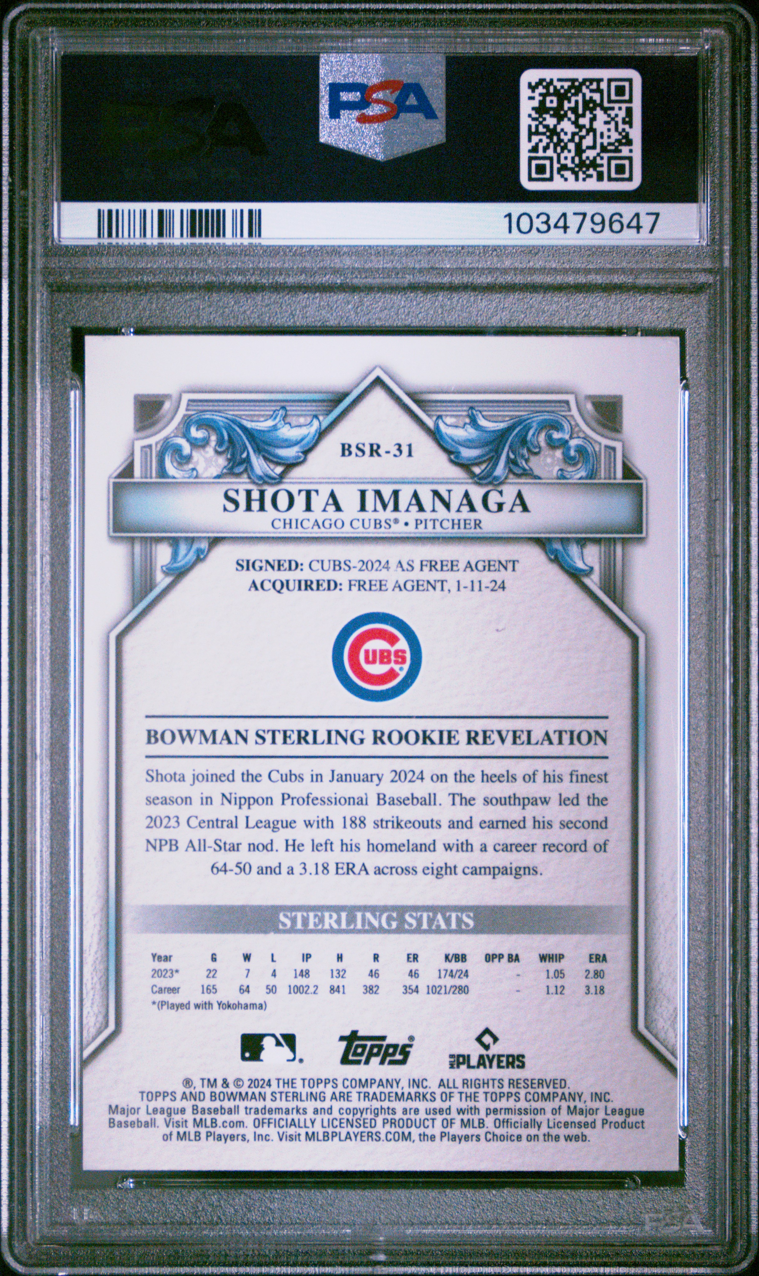 2024 Bowman Sterling Rookies Shota Imanaga #Bsr31 (Rookies) Gem Mt 10 back