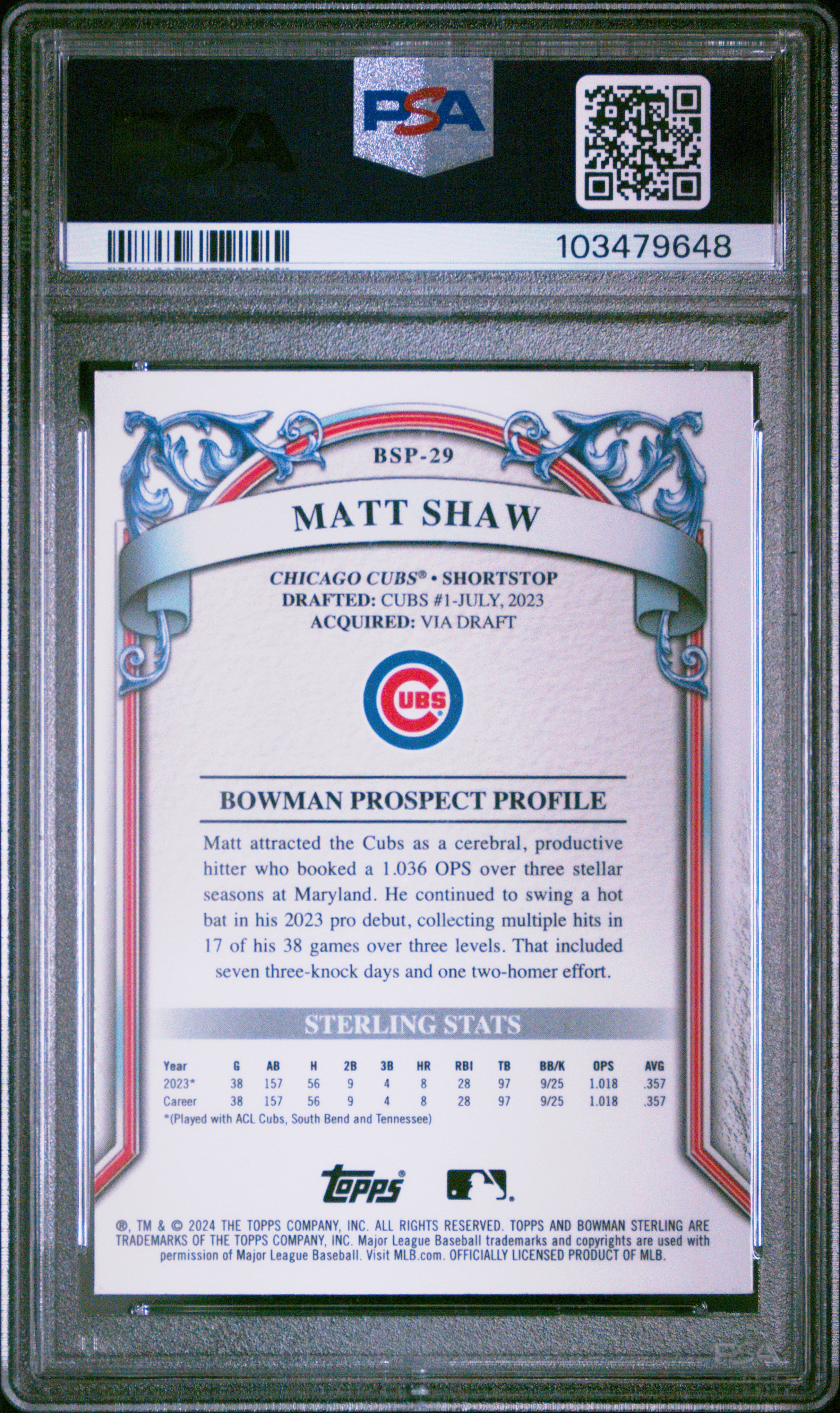 2024 Bowman Sterling Prospects Matt Shaw #Bsp29 (Prospects) Gem Mt 10 back