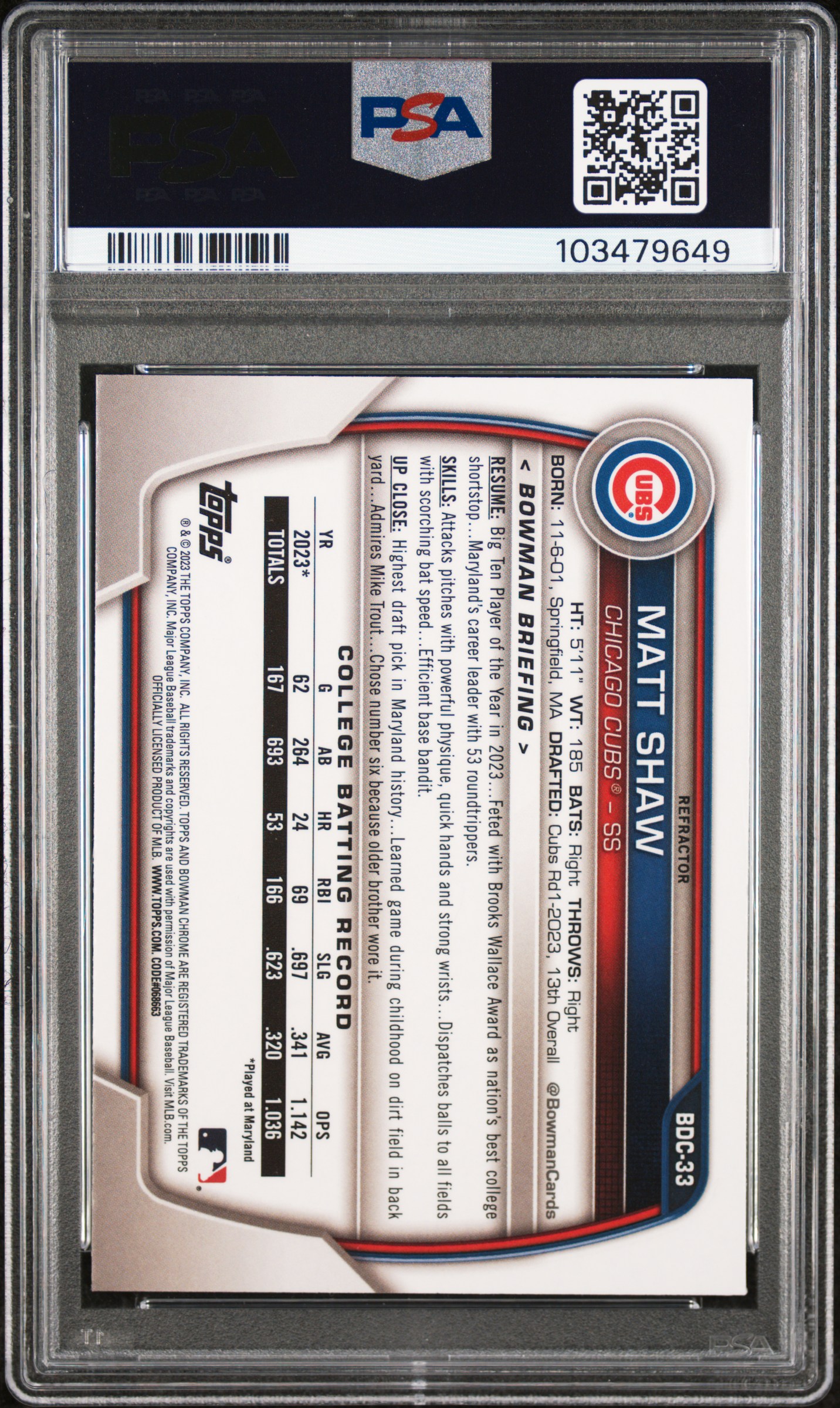 2023 Bowman Draft Matt Shaw #Bdc33 (Chrome-Refractor) Gem Mt 10 back