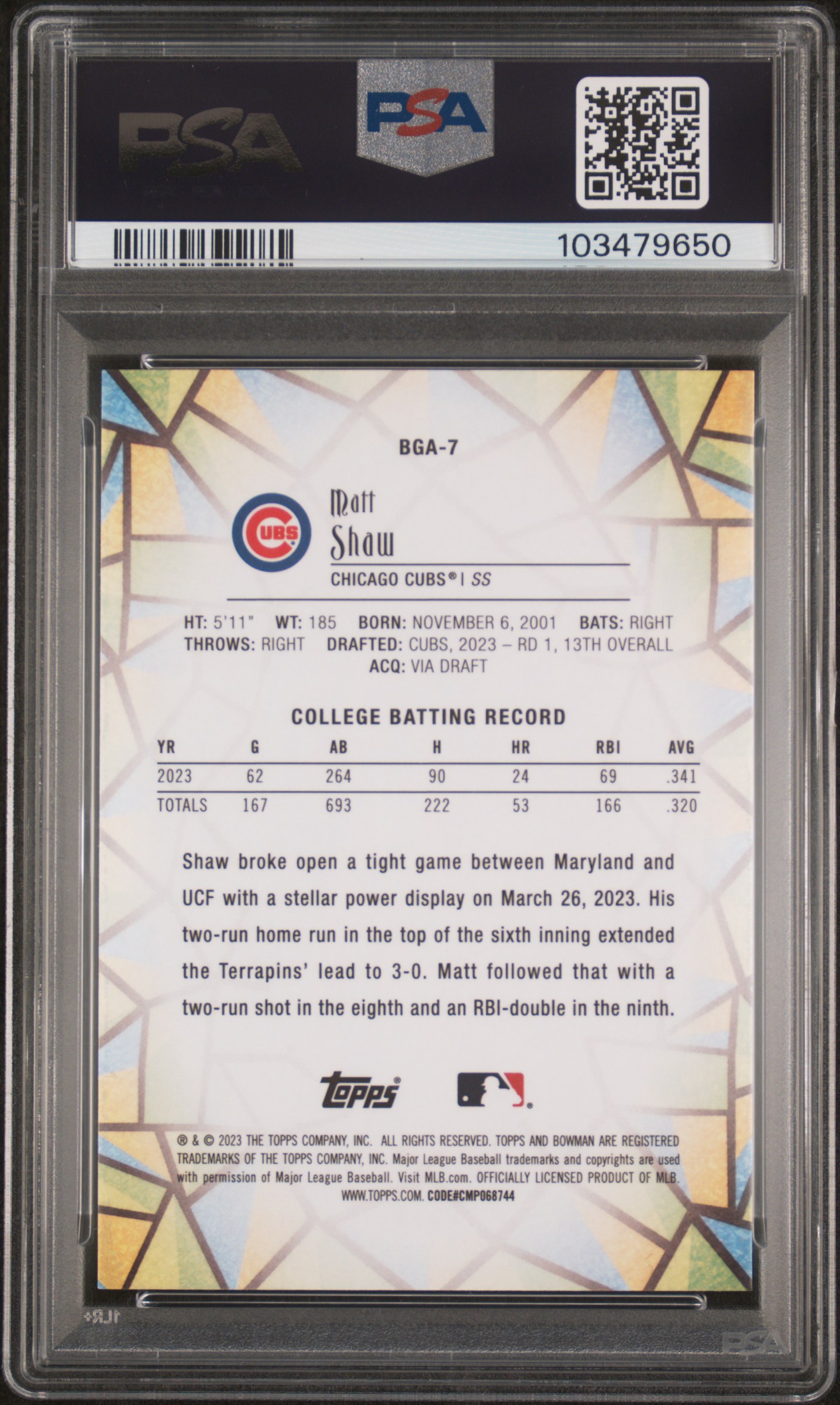 2023 Bowman Draft Bowman Glass Matt Shaw #Bga7 Gem Mt 10 back