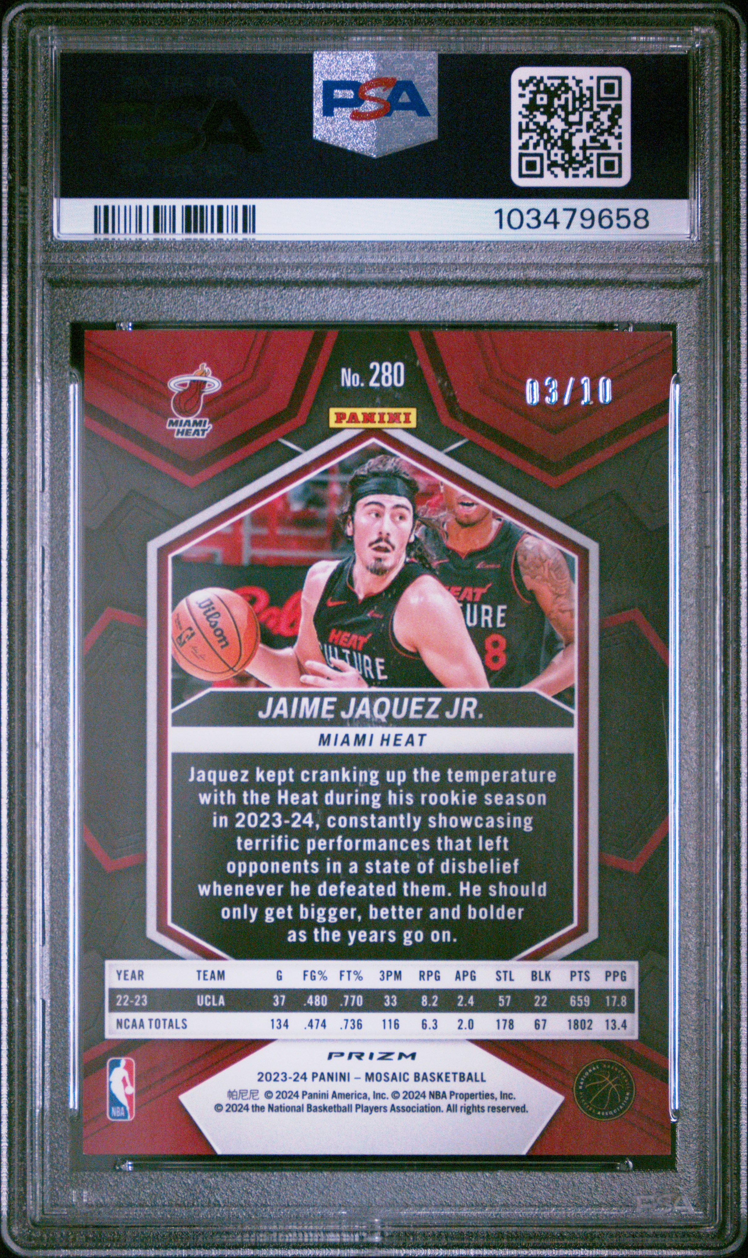 2023 Panini Mosaic Jaime Jaquez Jr. #280 (International Gold) Gem Mt 10 back