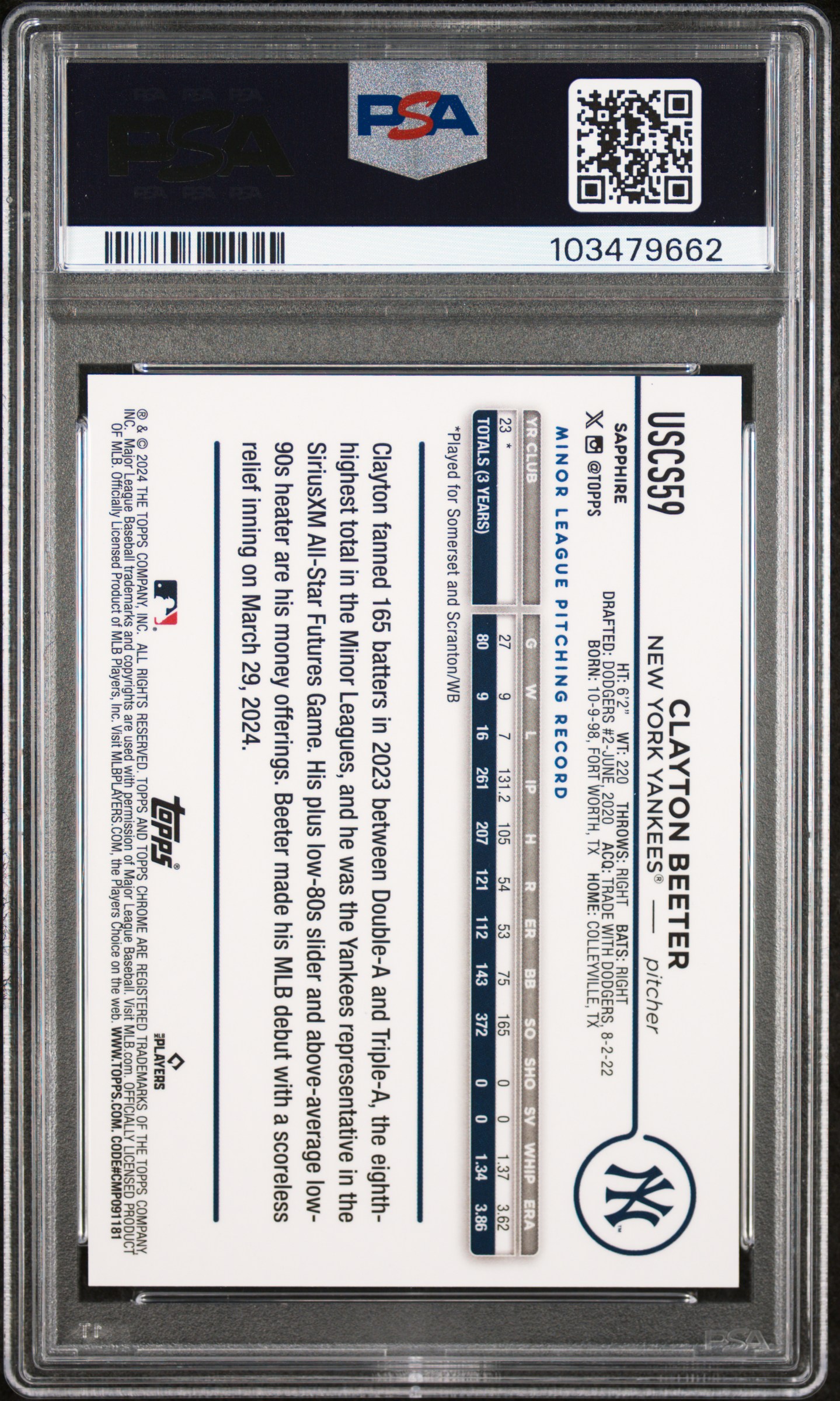 2024 Topps Chrome Sapphire Update Series Clayton Beeter #59 (Black) Gem Mt 10 back