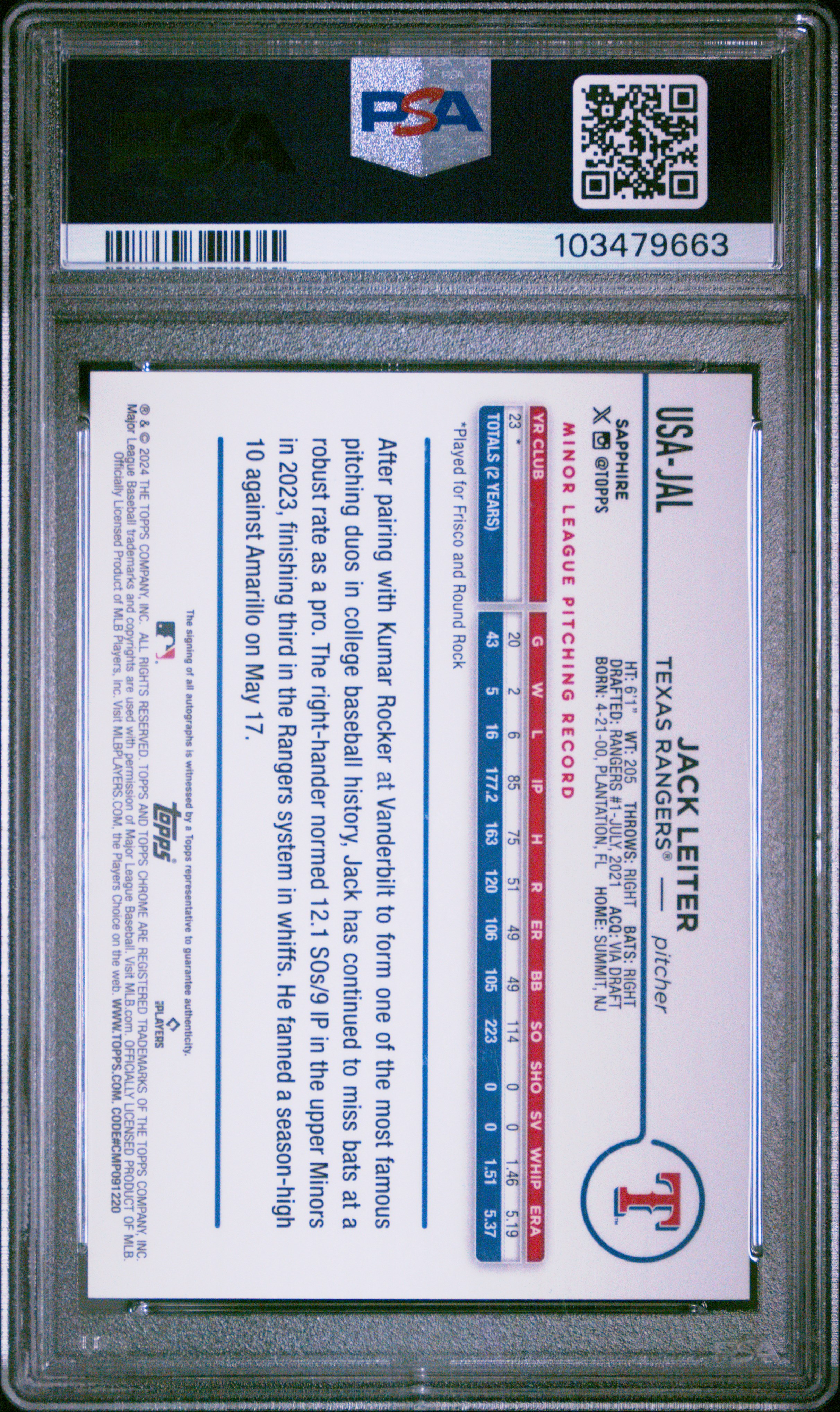 2024 Topps Chrome Sapphire Update Series Chrome Sapphire Autographs Jack Leiter #Jal (Autograph-Green) Gem Mt 10 back