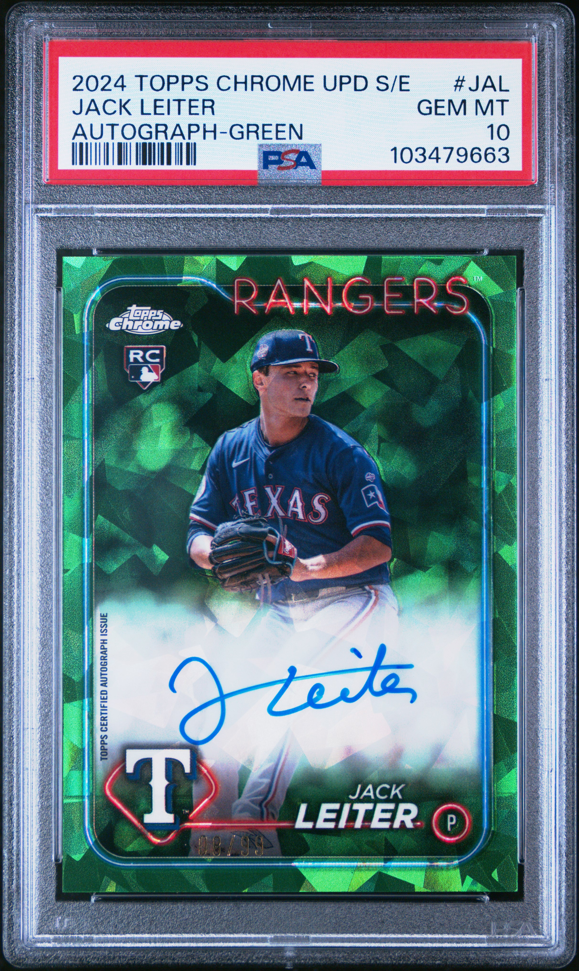 2024 Topps Chrome Sapphire Update Series Chrome Sapphire Autographs Jack Leiter #Jal (Autograph-Green) Gem Mt 10 front