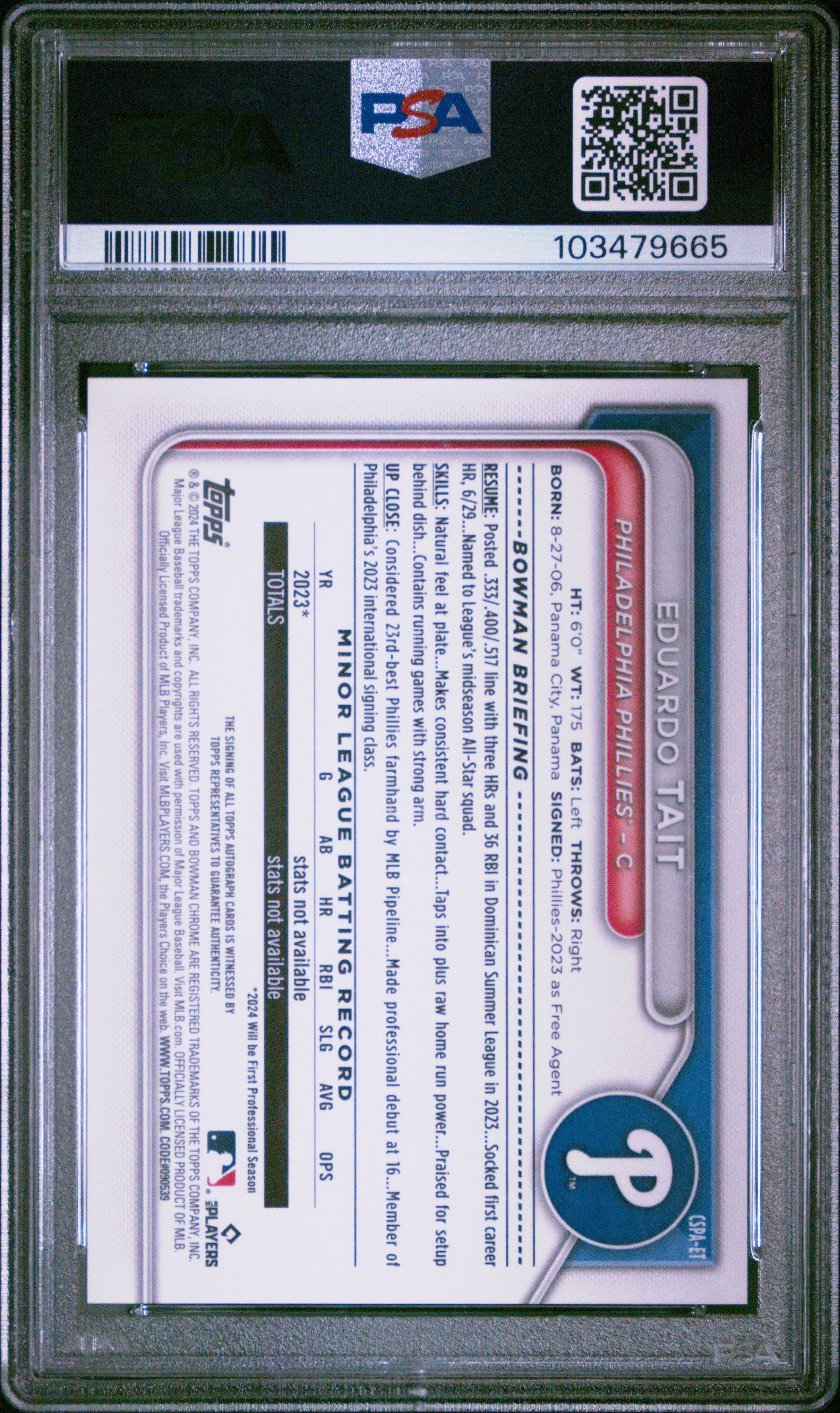 2024 Bowman Chrome Sapphire Edition Prospects Autographs Eduardo Tait #Et (Chrome Prospect Auto-Green) Mint 9 back