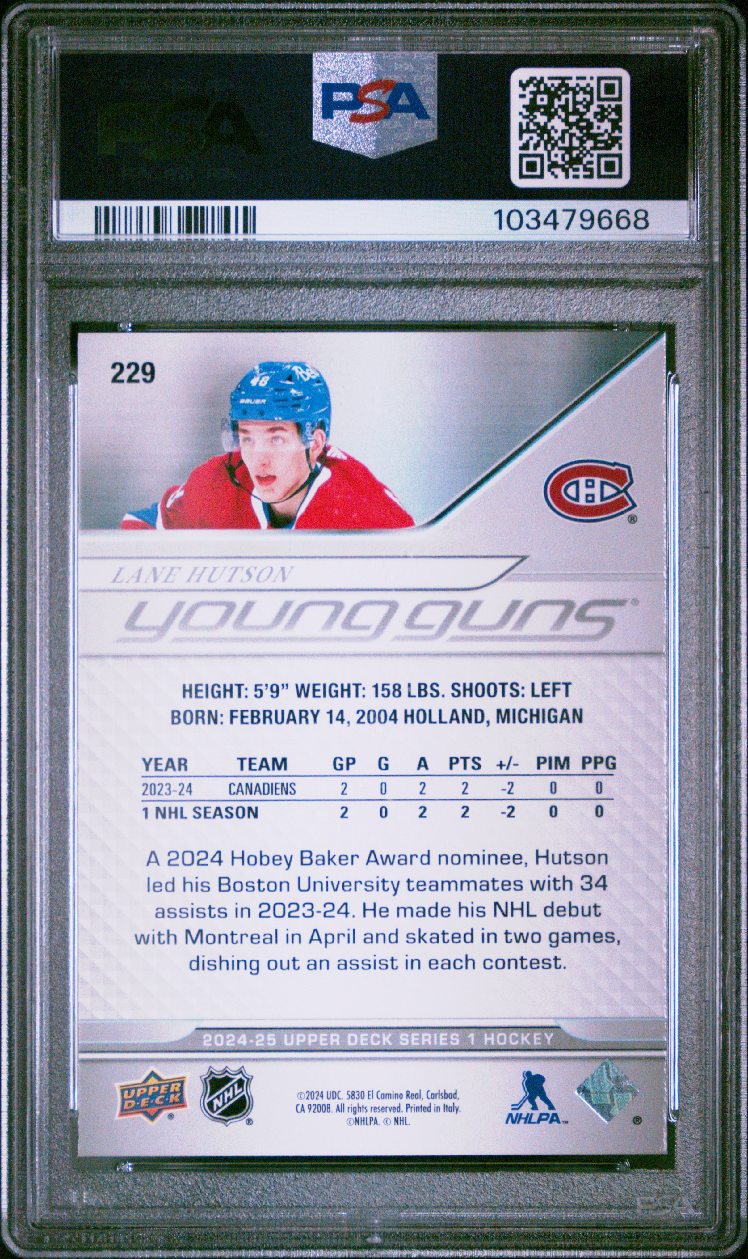 2024 Upper Deck Lane Hutson #229 Gem Mt 10 back