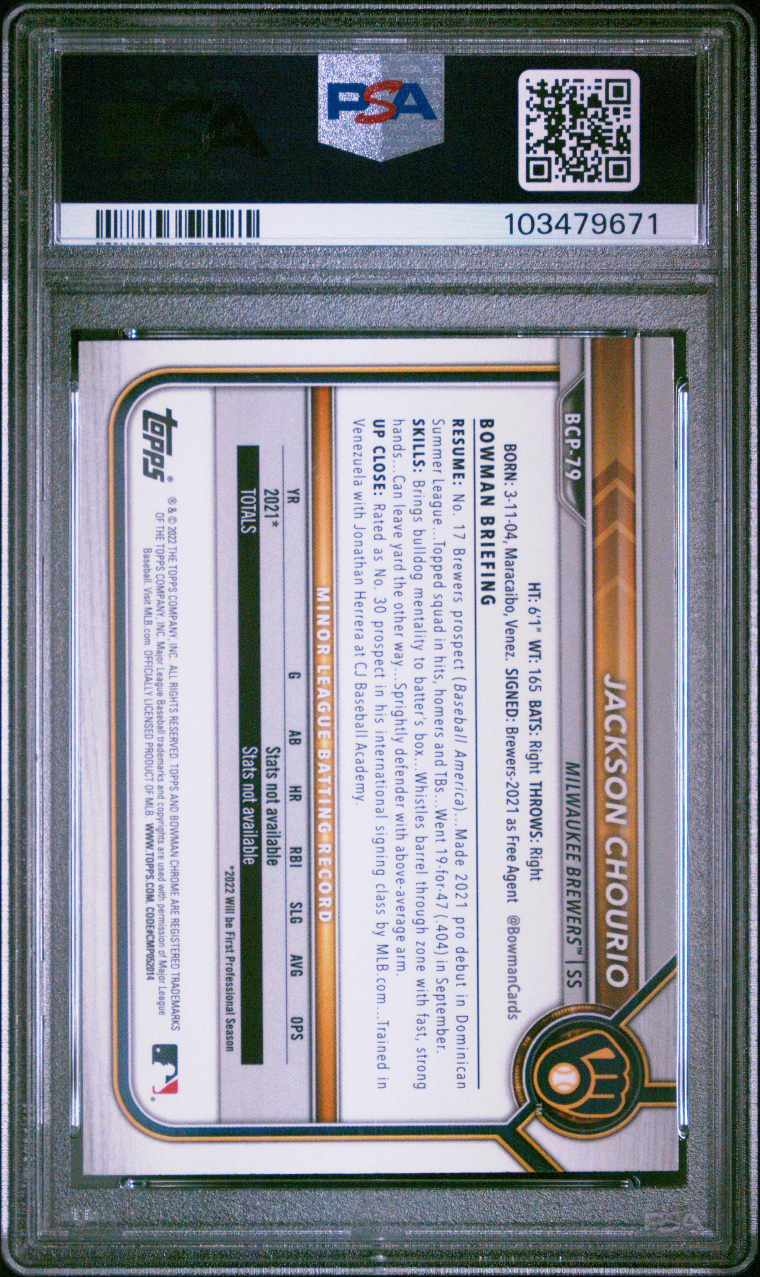 2022 Bowman Mega Box Chrome Jackson Chourio #79 (Chrome) Gem Mt 10 back