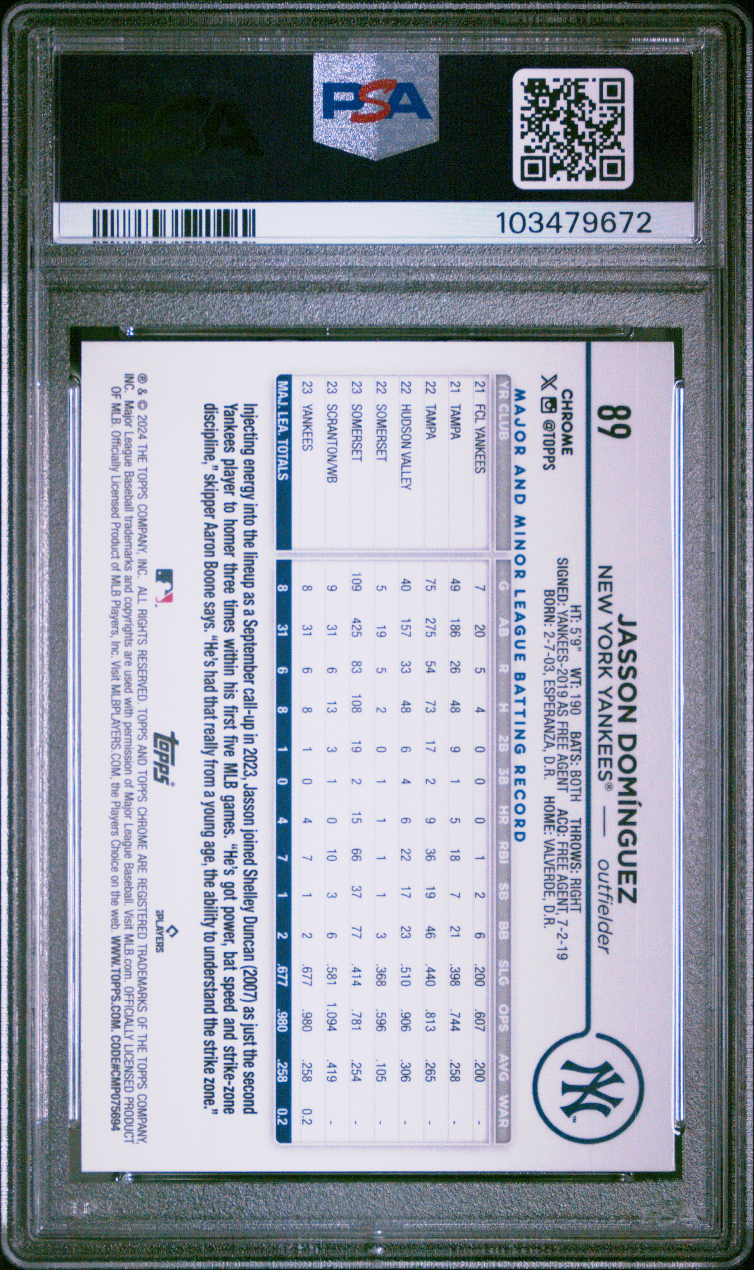 2024 Topps Chrome Jasson Dominguez #89 (Aqua Refractor) Gem Mt 10 back