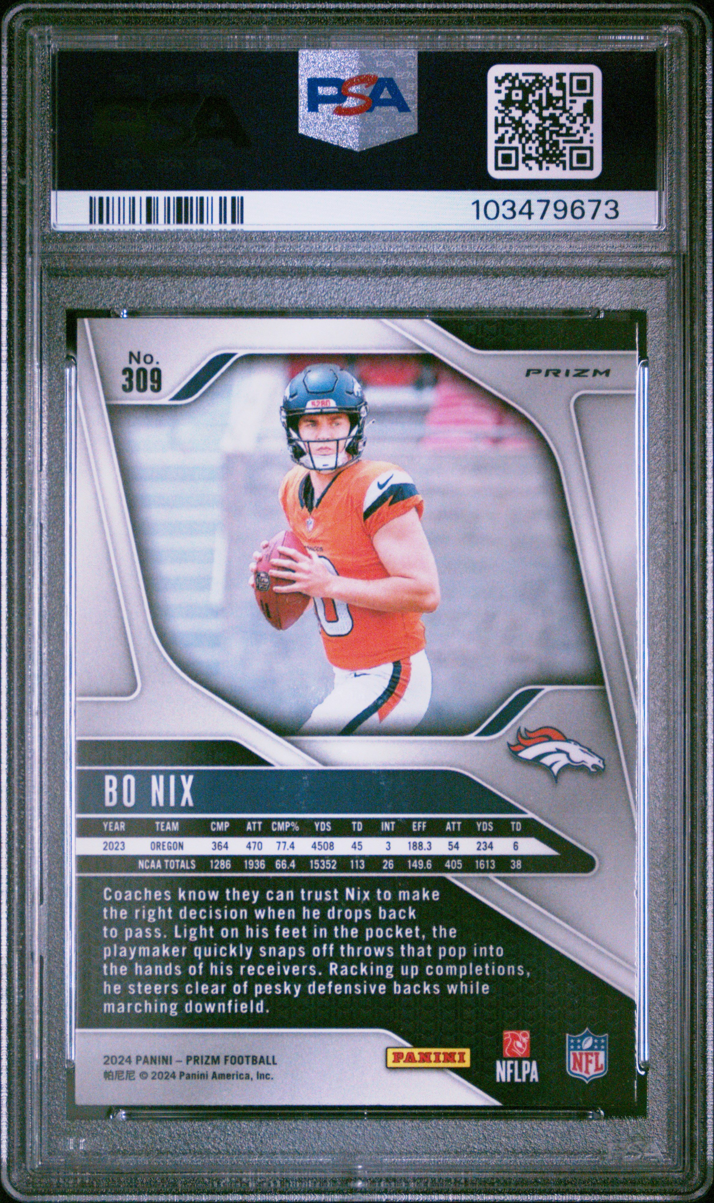 2024 Panini Prizm Bo Nix #309 (Lazer Prizm) Gem Mt 10 back