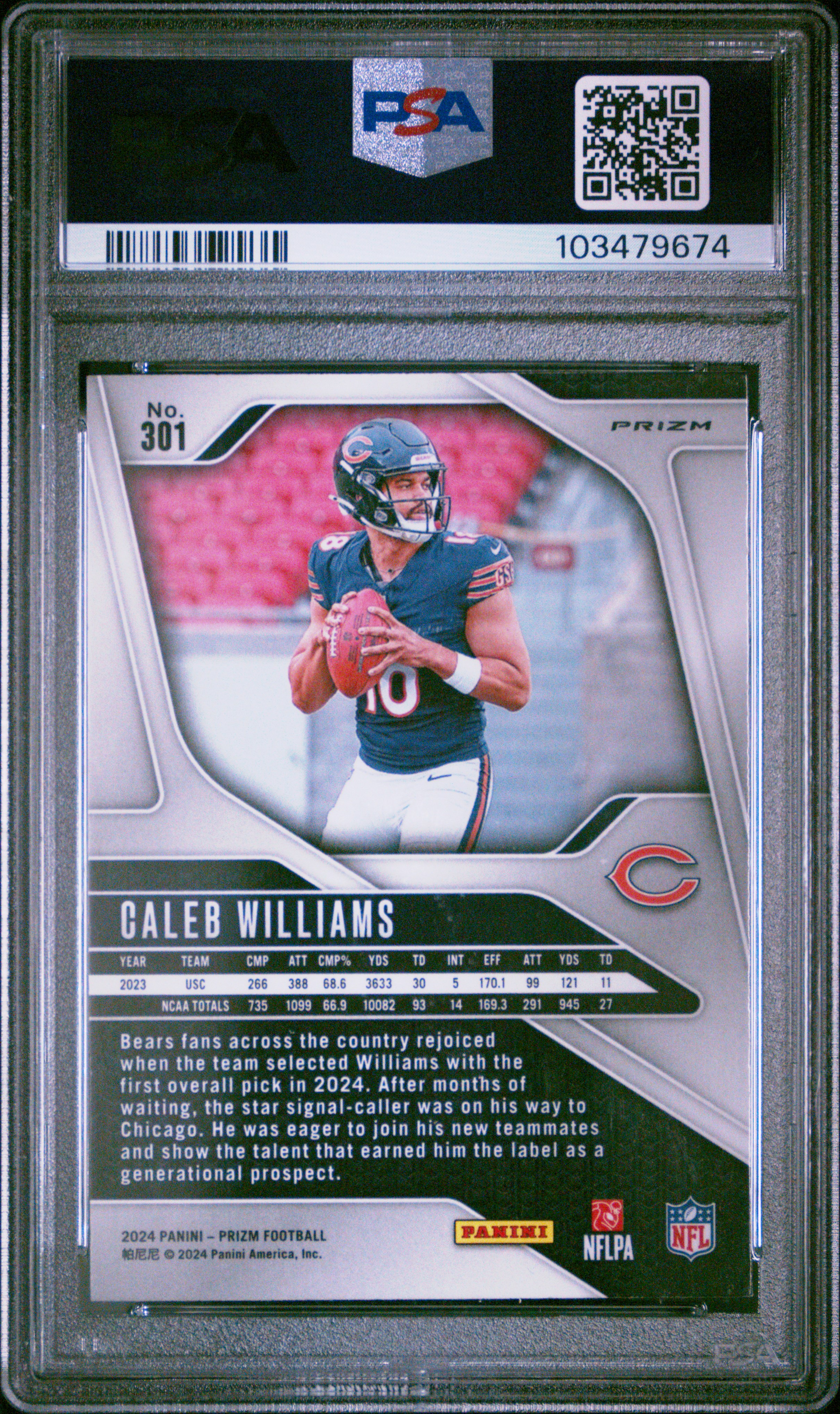 2024 Panini Prizm Caleb Williams #301 (Lazer Prizm) Gem Mt 10 back