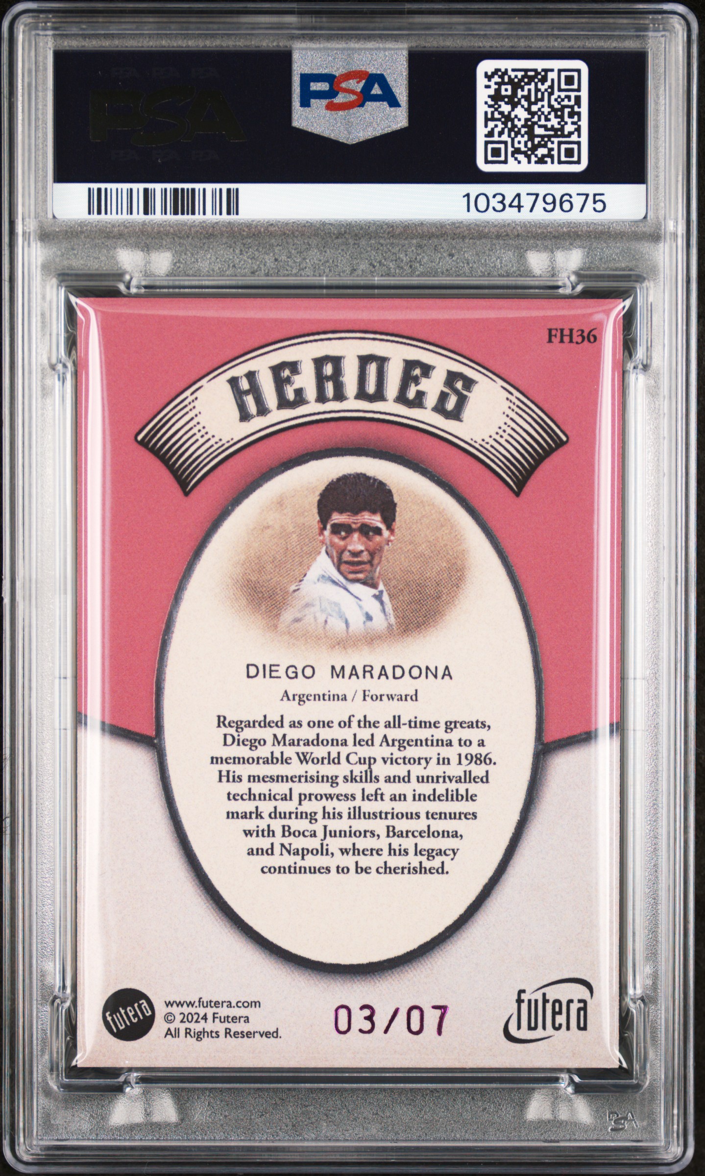 2024 Futera Vintage Football Heroes Diego Maradona #Fh36 (Heroes-Pink) Gem Mt 10 back