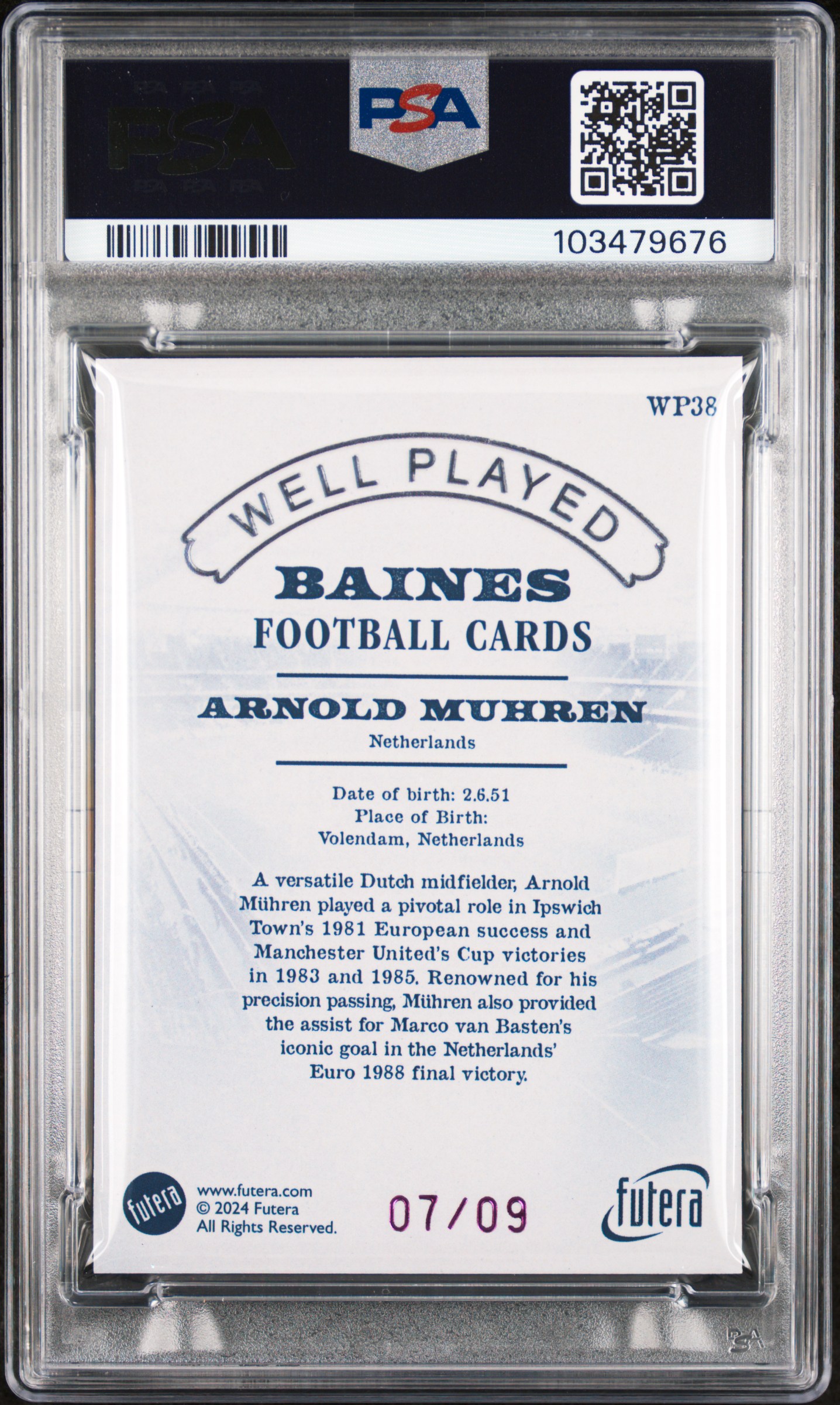 2024 Futera Vintage Football Well Played Arnold Muhren #Wp38 (Well Played-Pink) Gem Mt 10 back