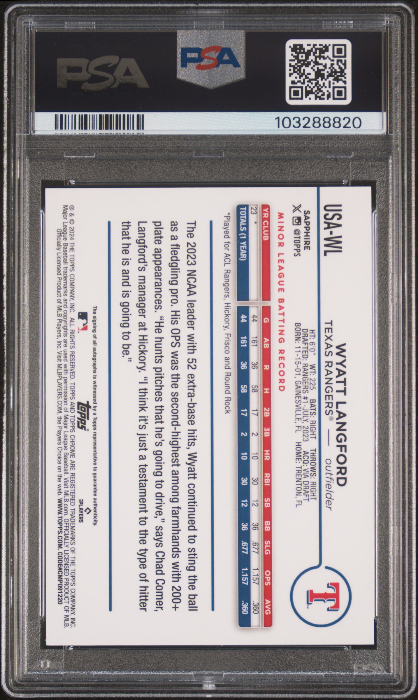 2024 Topps Chrome Sapphire Update Series Chrome Sapphire Autographs Wyatt Langford #Wl (Autograph-Green) Gem Mt 10 back