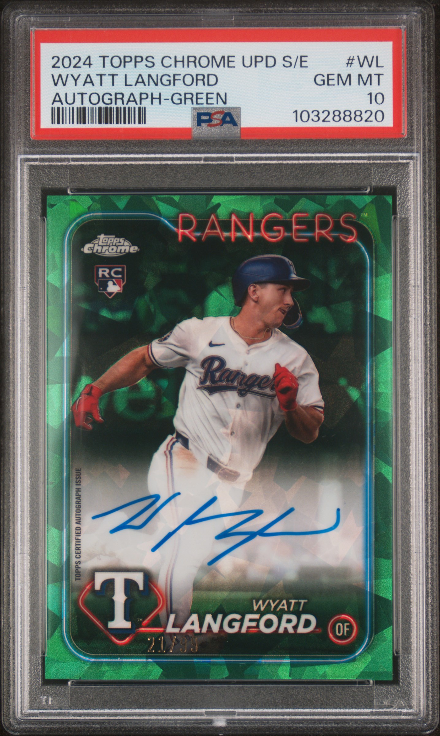 2024 Topps Chrome Sapphire Update Series Chrome Sapphire Autographs Wyatt Langford #Wl (Autograph-Green) Gem Mt 10 front