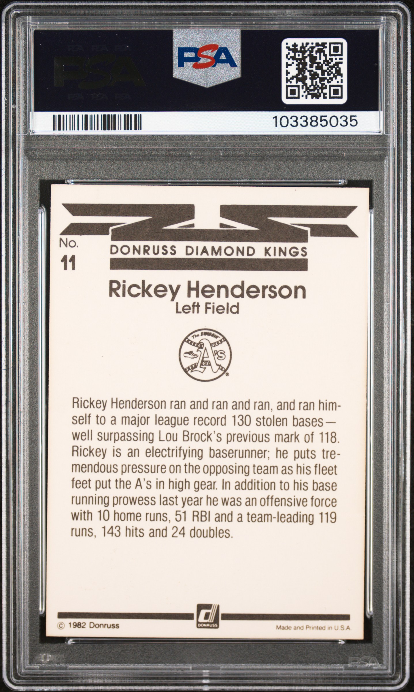 1983 Donruss Rickey Henderson #11 (Diamond Kings) back