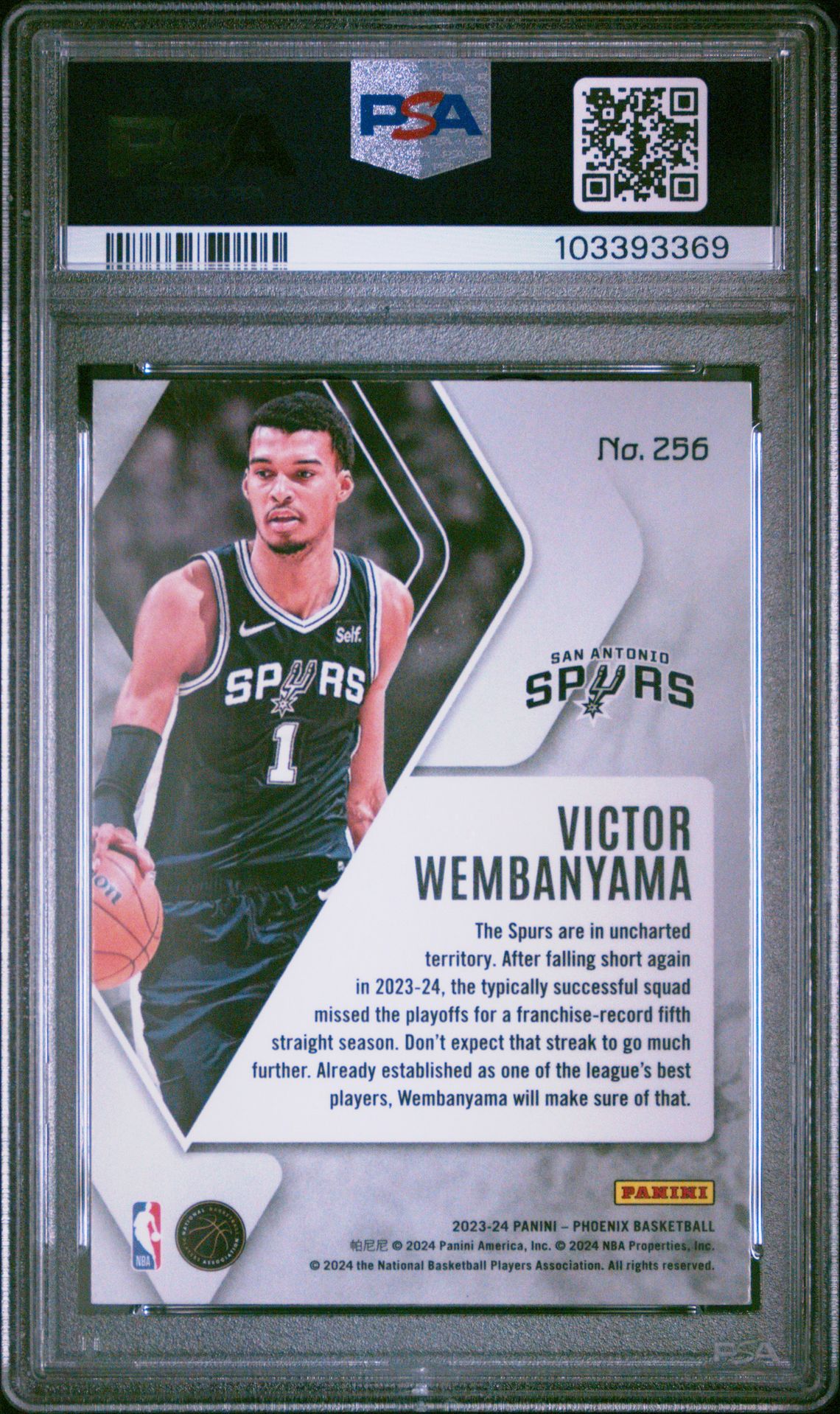 2023 Panini Phoenix Victor Wembanyama #256 (Teal Lazer) Gem Mt 10 back