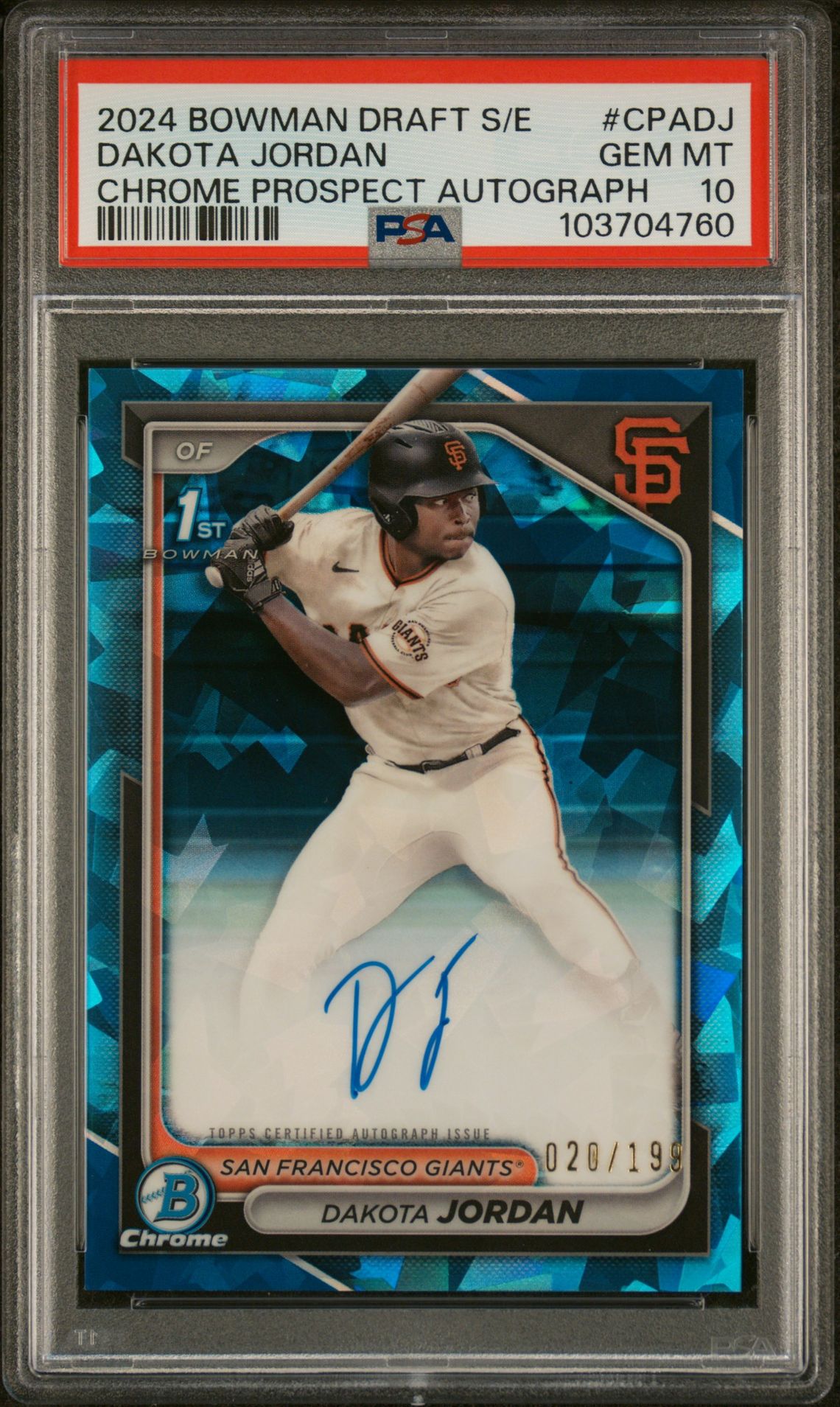 2024 Bowman BOWMAN DRAFT SAPPHIRE EDITION CHROME SAPPHIRE PROSPECT AUTOGRAPHS #CPADJ Dakota Jordan front