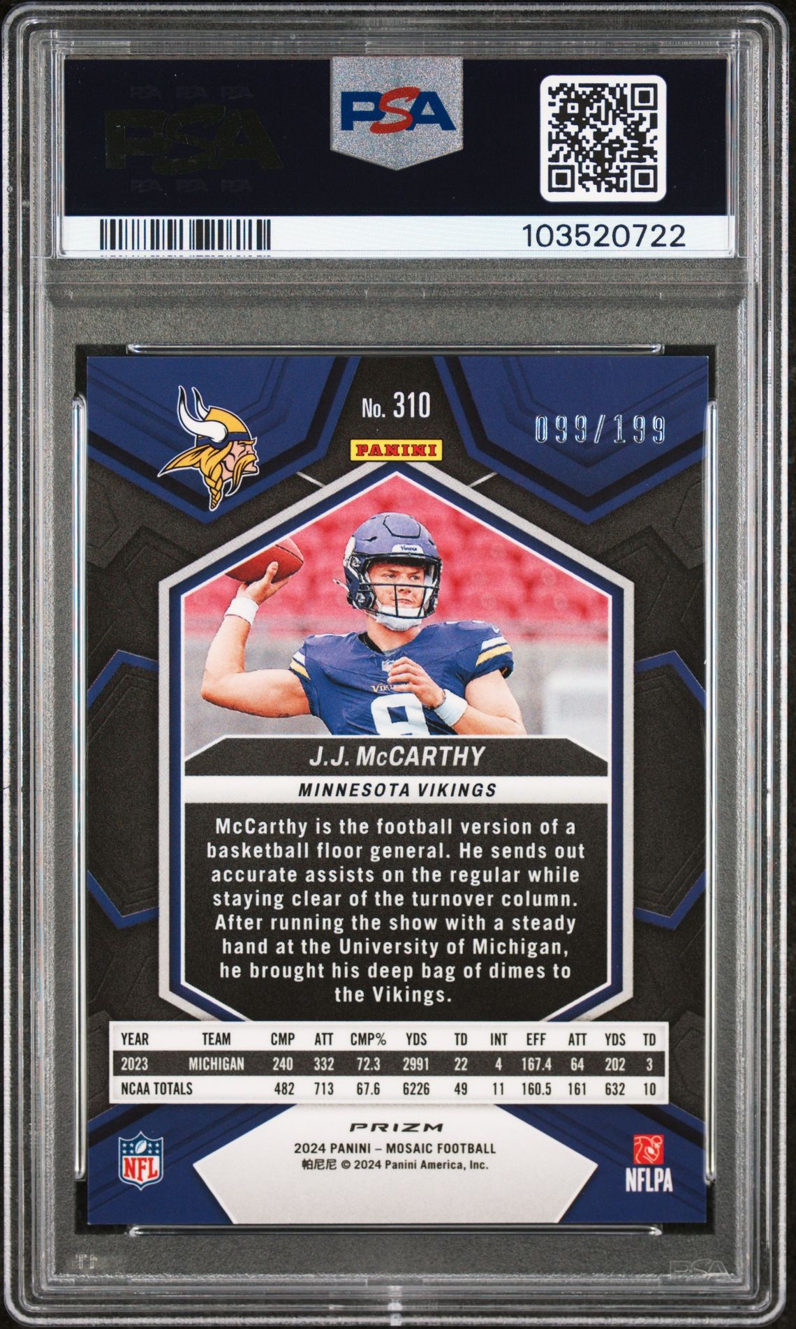 2024 Panini Mosaic Jj Mccarthy #310 (Orange) Mint 9 back