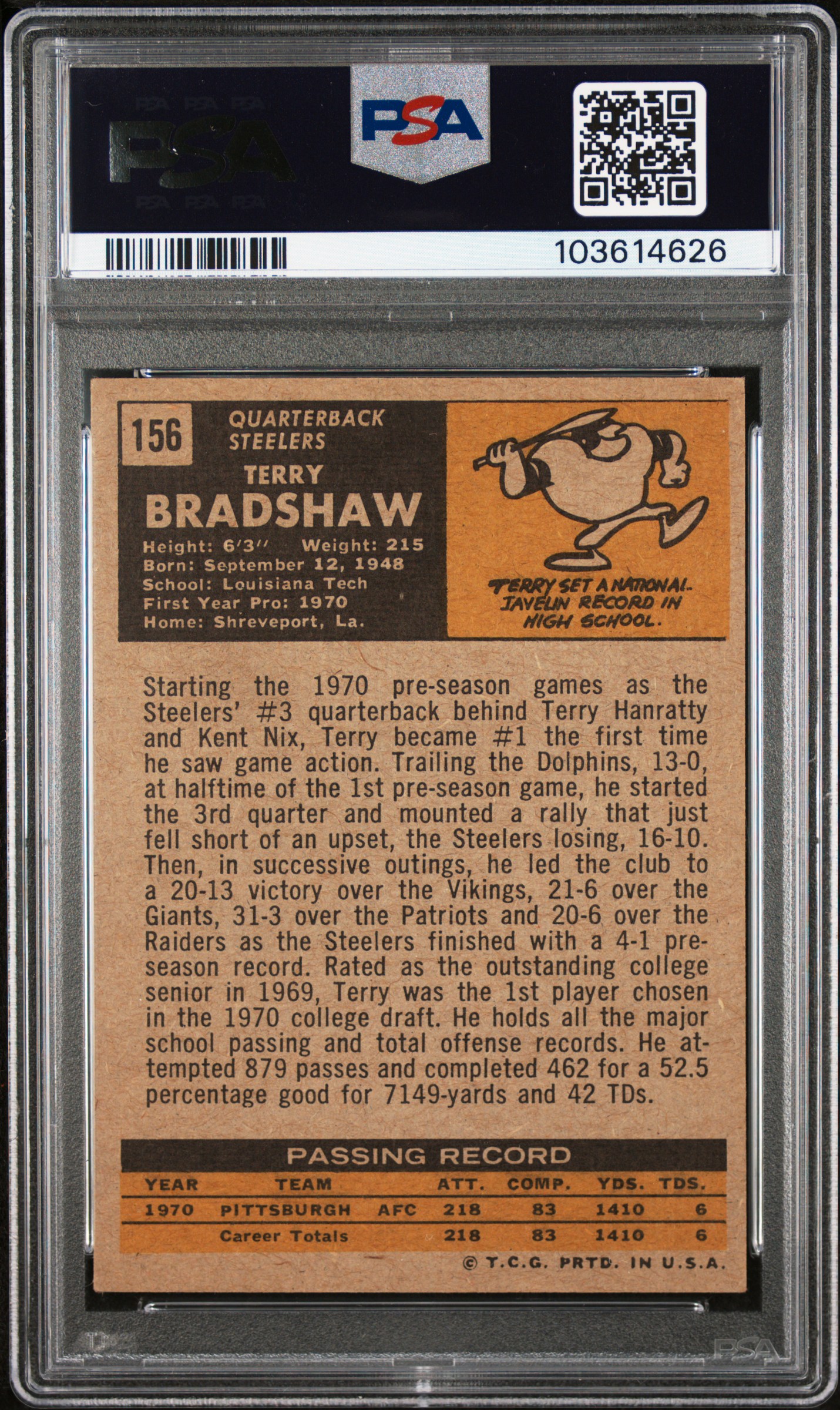 1971 Topps Terry Bradshaw #156 Vg-Ex 4 back