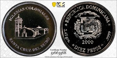 2000 10 Peso Santa Cruz del Seibo Ag MS66