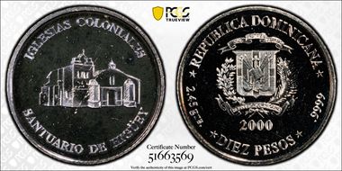 2000 10 Peso Sanctuario de Higüey Ag MS67