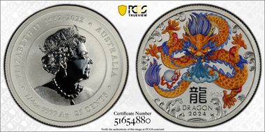 2024-P125 25C Year of the Dragon 1/4oz Ag Orange Facing Colorized MS69