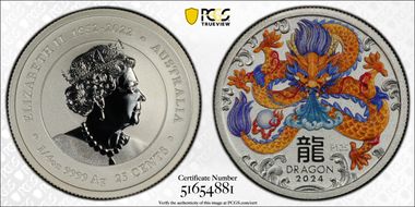 2024-P125 25C Year of the Dragon 1/4oz Ag Orange Facing Colorized MS70