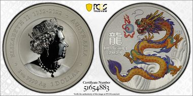 2024-P125 $1 Year of the Dragon Ag Orange Left Colorized MS70
