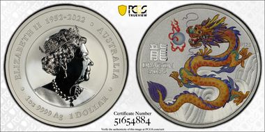 2024-P125 $1 Year of the Dragon Ag Orange Left Colorized MS70