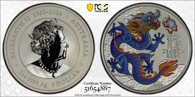 2024-P125 $1 Year of the Dragon Ag Blue-Orange Colorized MS70
