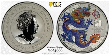 2024-P125 $1 Year of the Dragon Ag Blue-Orange Colorized MS70