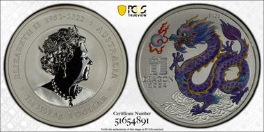 2024-P125 $1 Year of the Dragon Ag Lilac Colorized MS69