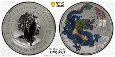 2024-P125 $1 Year of the Dragon Ag Blue-Green Colorized MS70