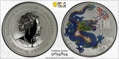 2024-P125 $1 Year of the Dragon Ag Blue-Green Colorized MS69
