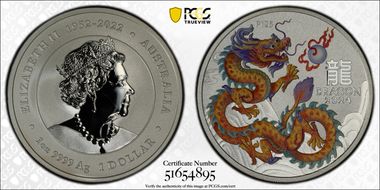 2024-P125 $1 Year of the Dragon Ag Orange Right Colorized MS68