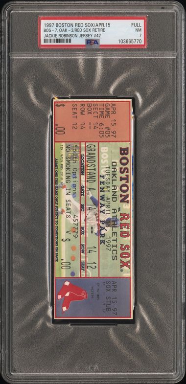 1997 Boston Red Sox/Apr.15 Bos-7, Oak-2 Red Sox Retire Jackie Robinson Jersey #42 Full Ticket, PSA 7