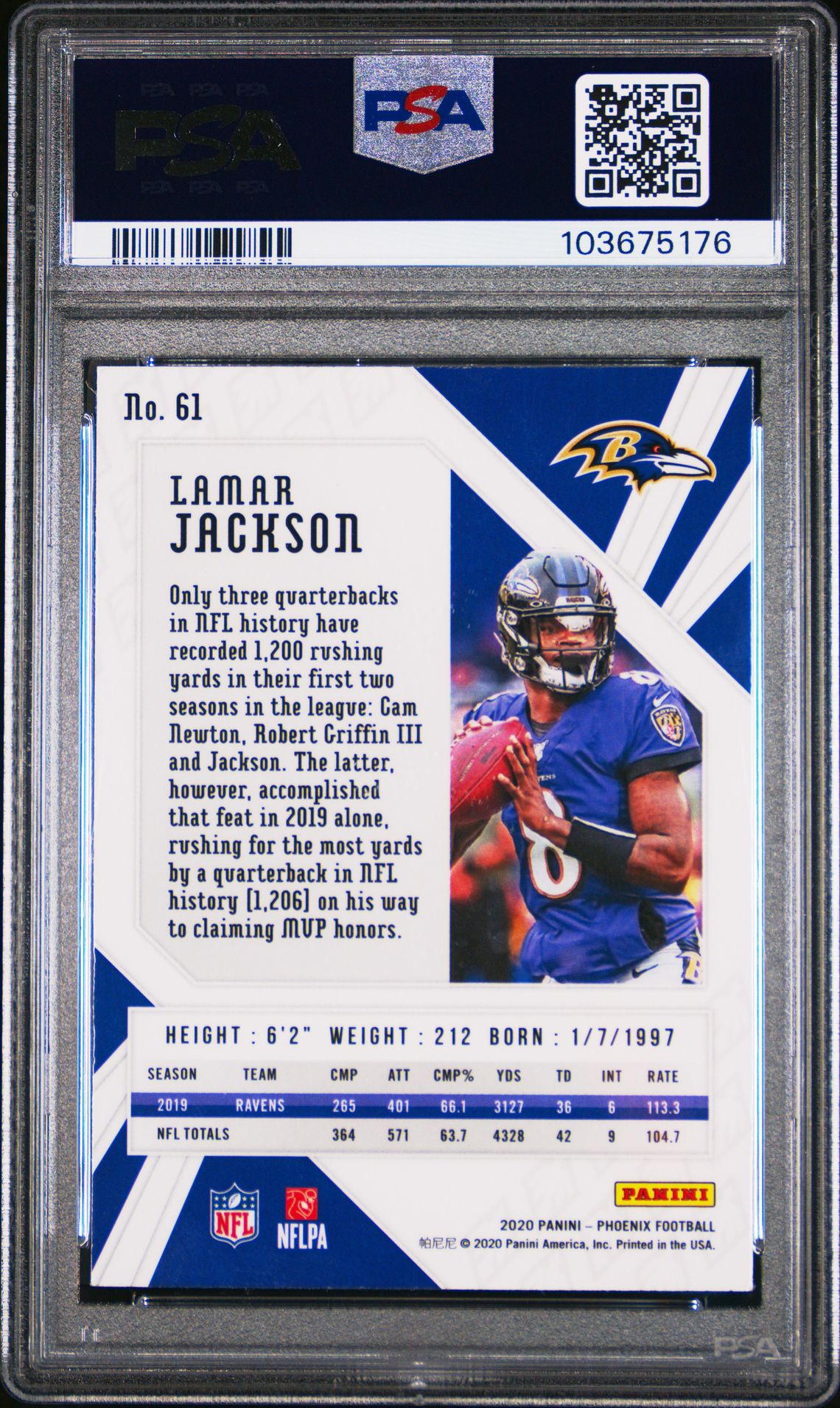 2020 Panini Phoenix Lamar Jackson #61 (White Shimmer) Gem Mt 10 back