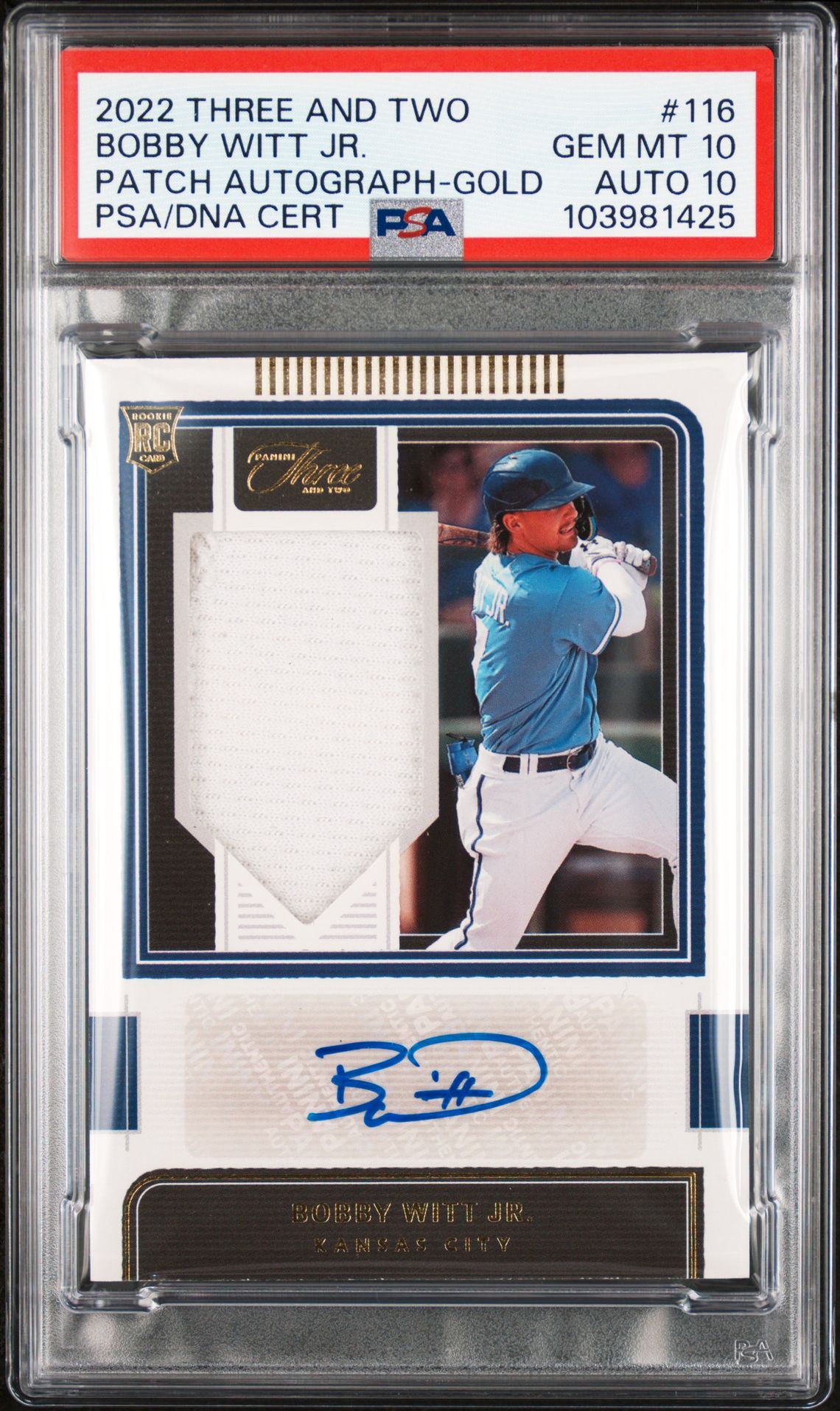 2022 Panini PANINI THREE AND TWO PATCH AUTOGRAPH-GOLD #116 Bobby Witt Jr. front
