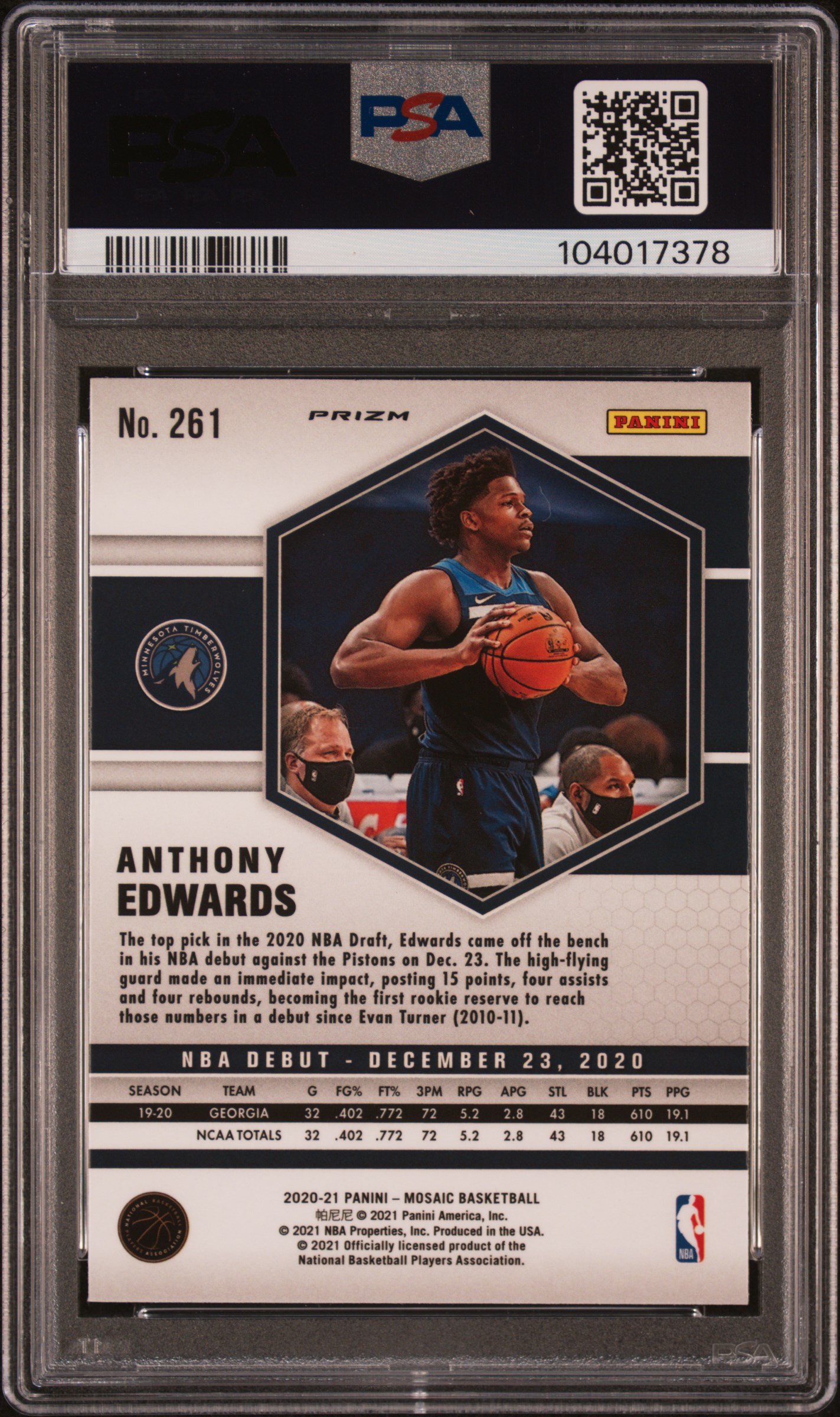 2020 Panini Mosaic Anthony Edwards #261 (Reactive Orange) Gem Mt 10 back