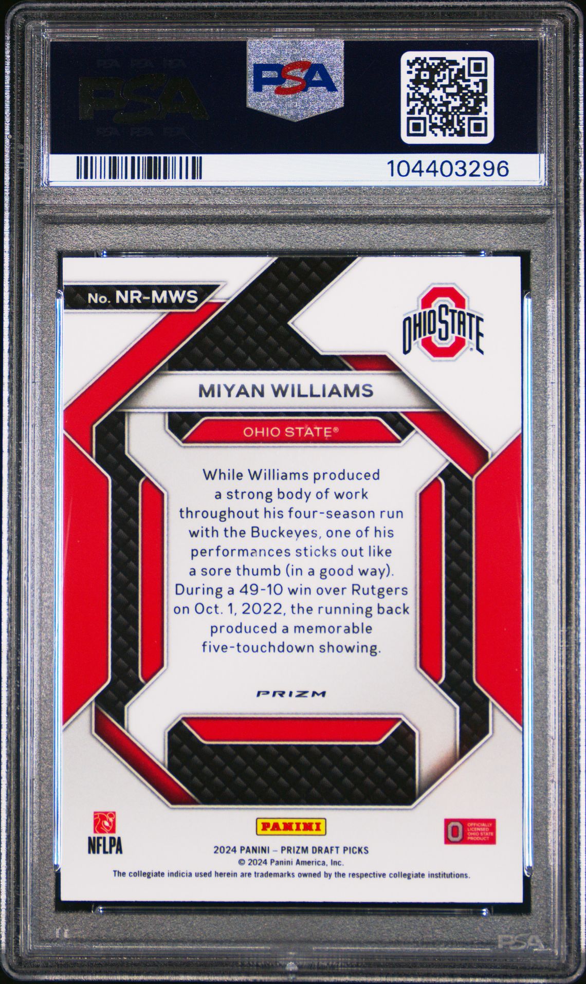 2024 Panini Prizm Draft Picks New Recruits Miyan Williams #Nrmws (New Recruits-Red Ice) Gem Mt 10 back