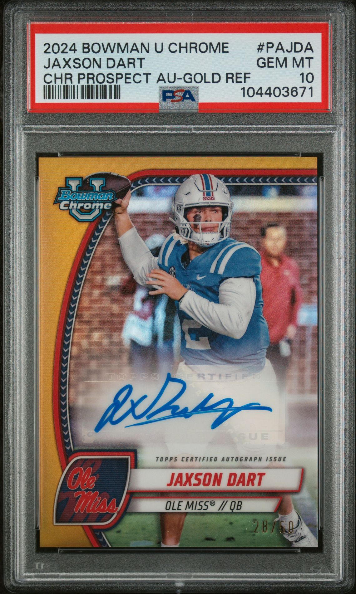 2024 Bowman BOWMAN UNIVERSITY CHROME BOWMAN CHROME PROSPECT AUTOGRAPHS CHR PROSPECT AU-GOLD REF #PAJDA Jaxson Dart front