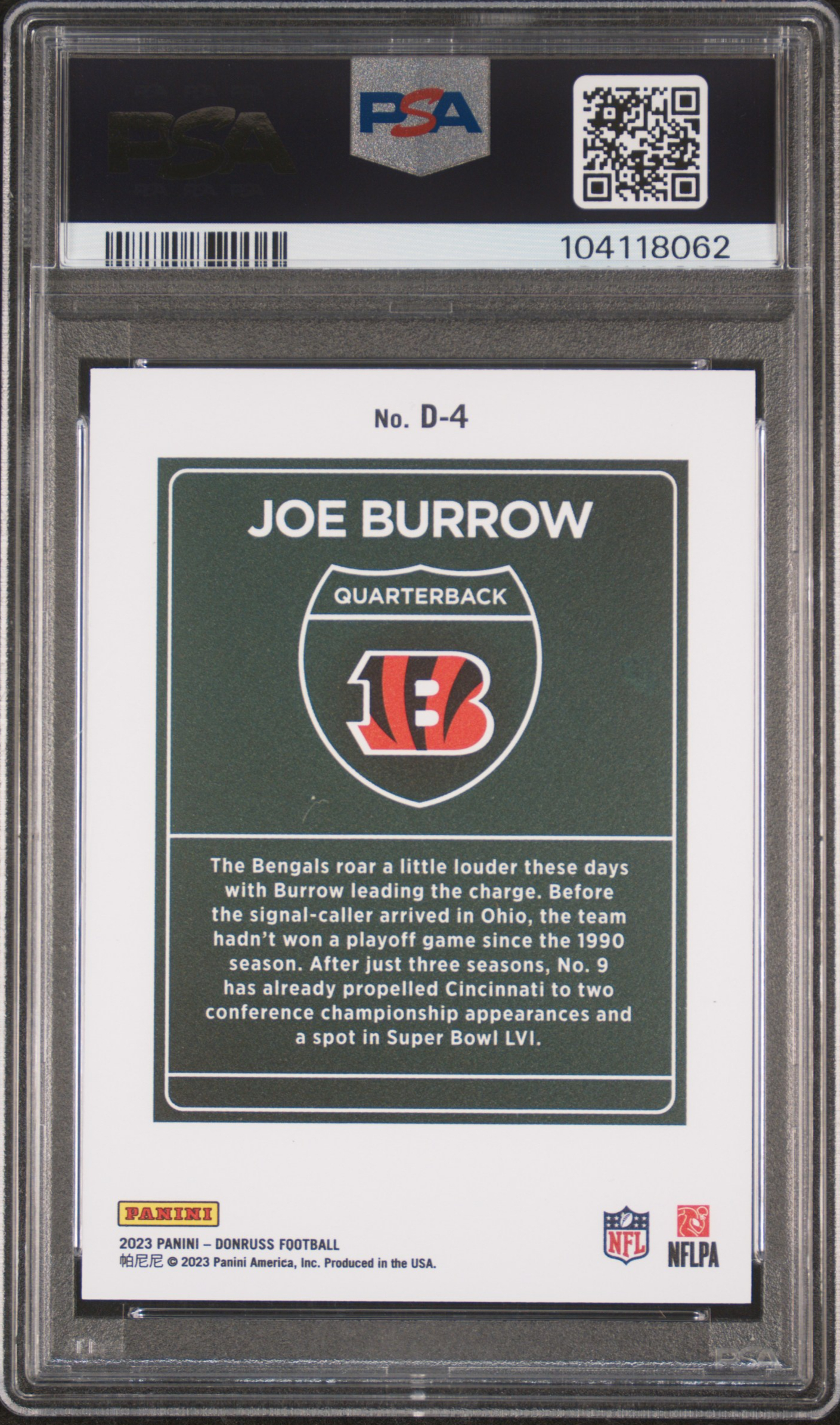 2023 Panini Donruss Downtown! Joe Burrow #D4 Gem Mt 10 back
