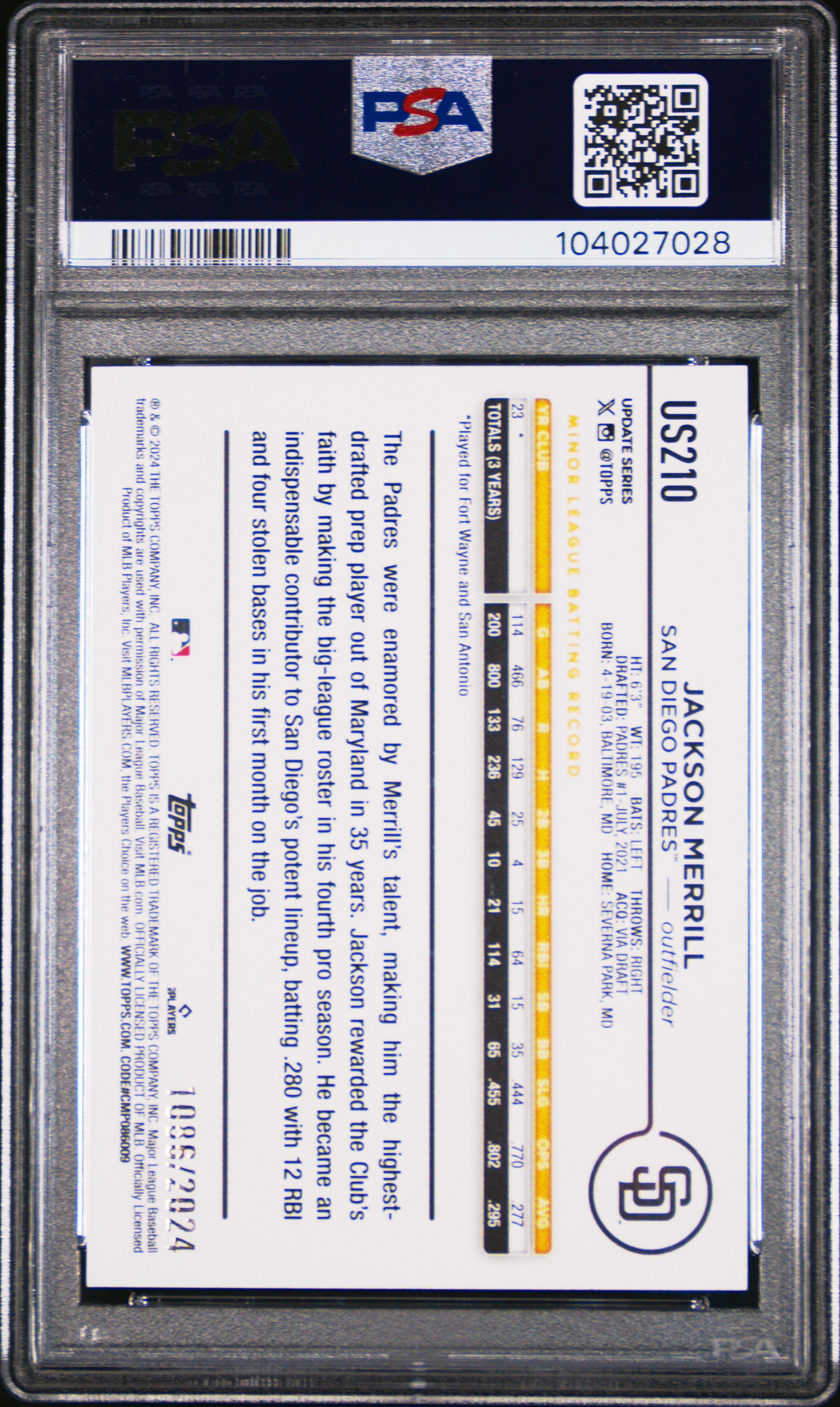 2024 Topps Update Jackson Merrill #Us210 (Gold) Mint 9 back