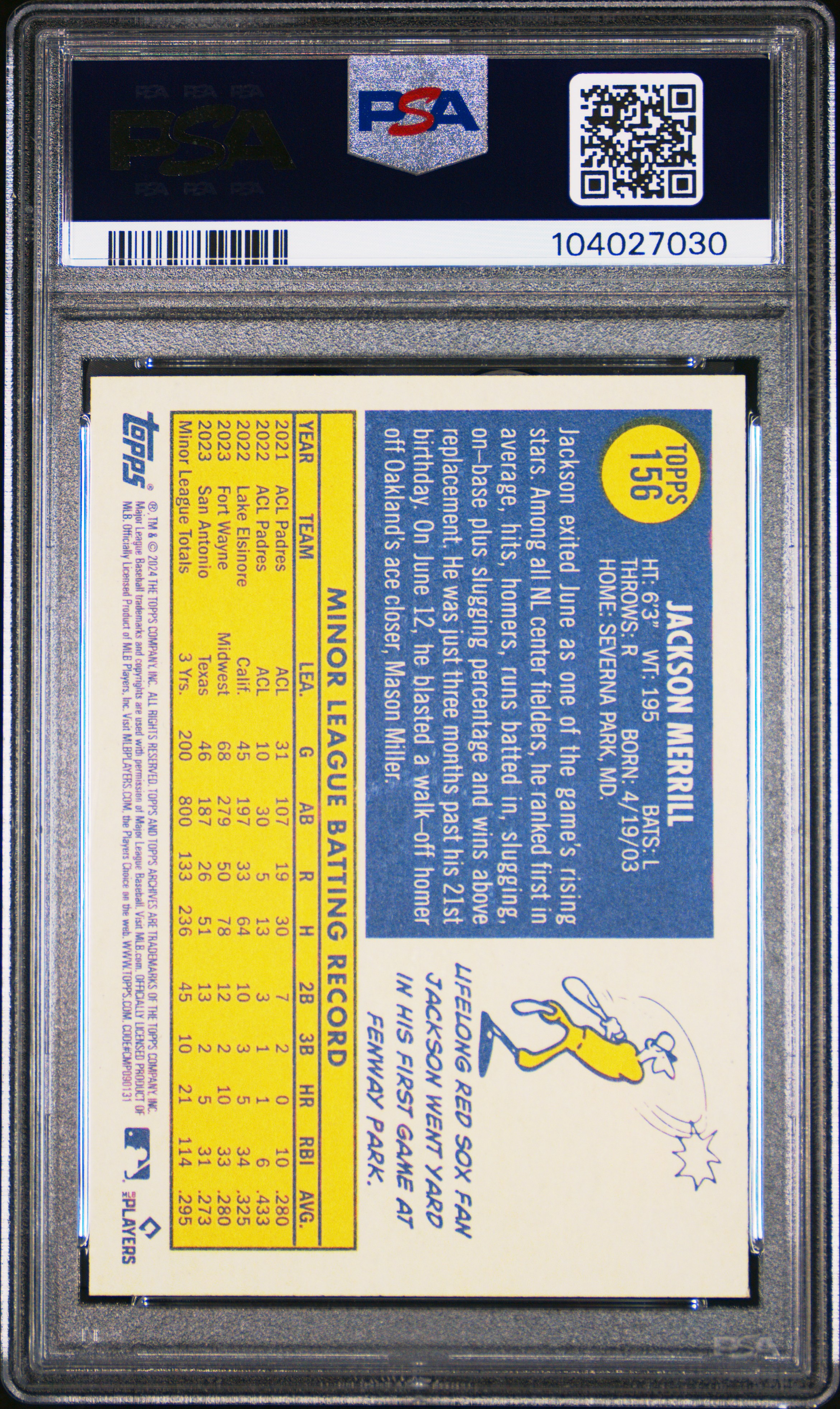 2024 Topps Archives Jackson Merrill #156 Gem Mt 10 back