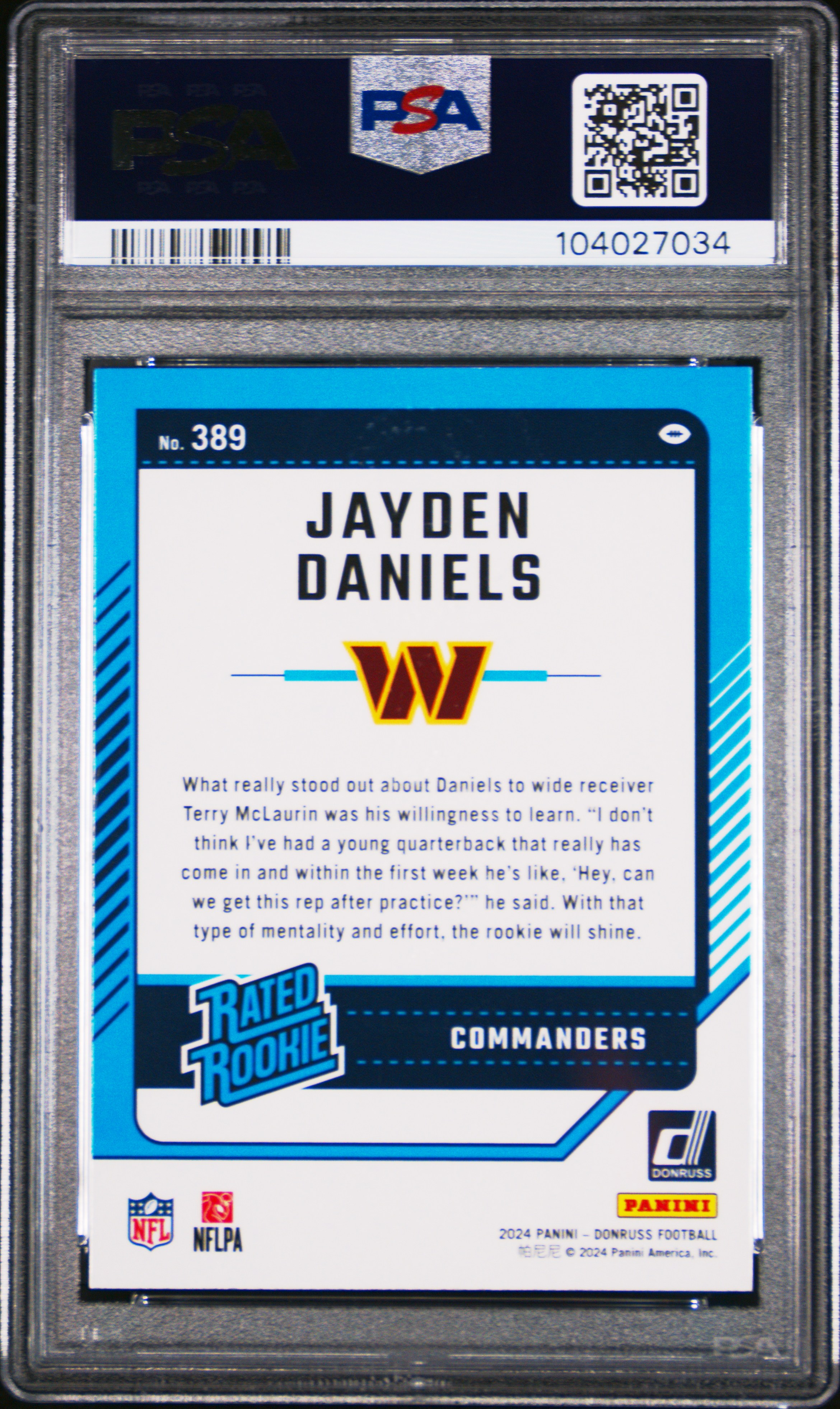 2024 Panini Donruss Jayden Daniels #389 Gem Mt 10 back