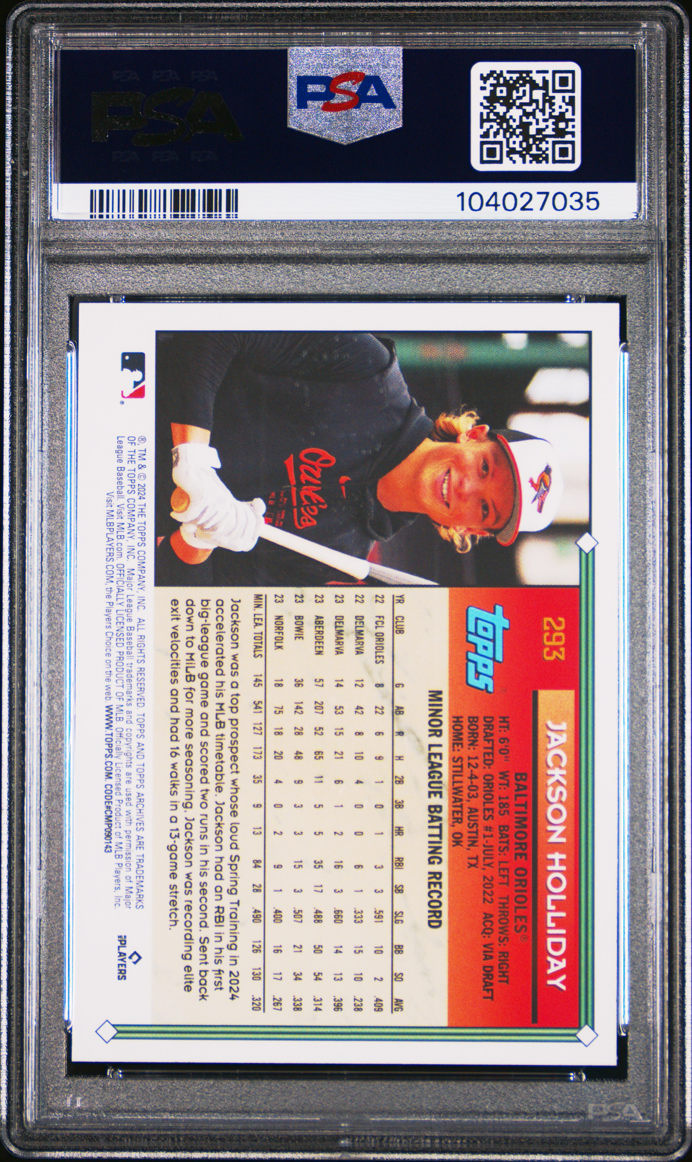 2024 Topps Archives Jackson Holliday #293 (Black Foilboard) Mint 9 back