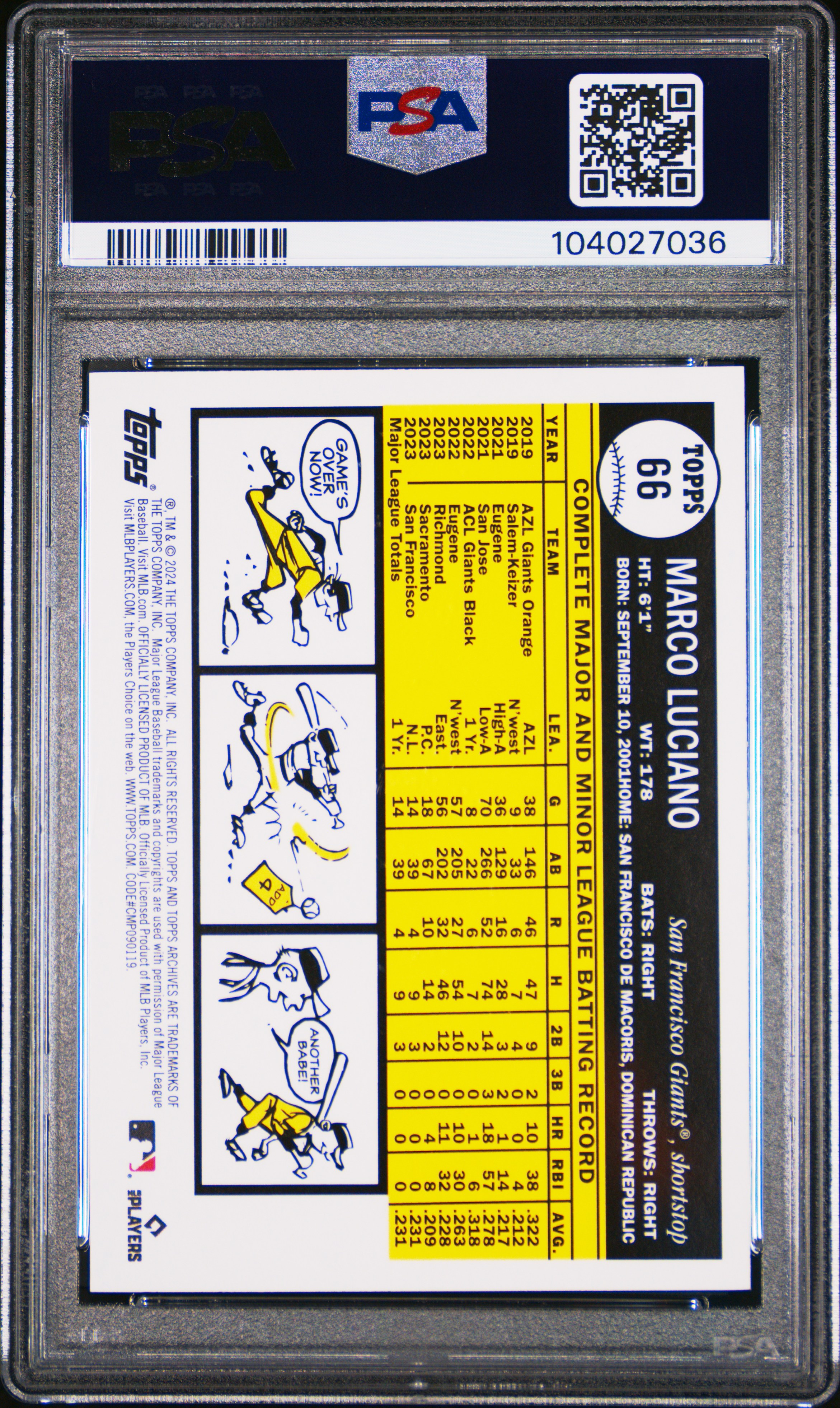 2024 Topps Archives Marco Luciano #66 (Black Foilboard) Gem Mt 10 back